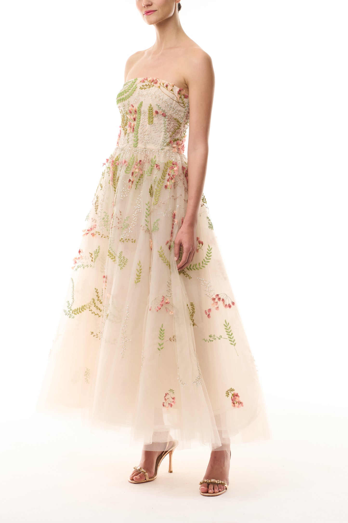 Monique Lhuillier Spring 2025 strapless dress with tea length skirt in Prosecco Multi colored embroidered tulle - side.