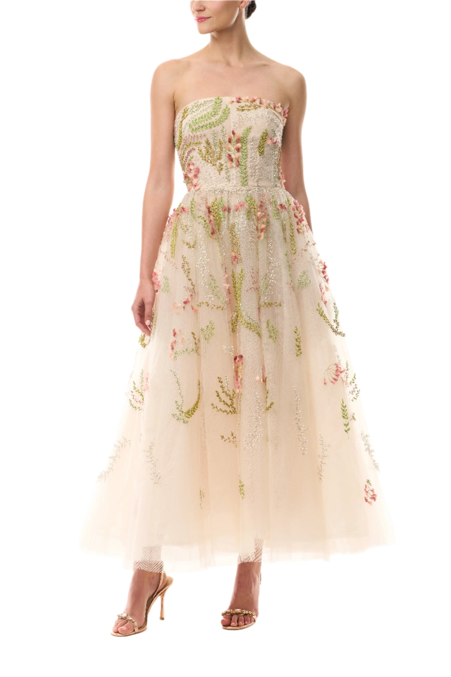 Monique Lhuillier Spring 2025 strapless dress with tea length skirt in Prosecco Multi colored embroidered tulle - front.