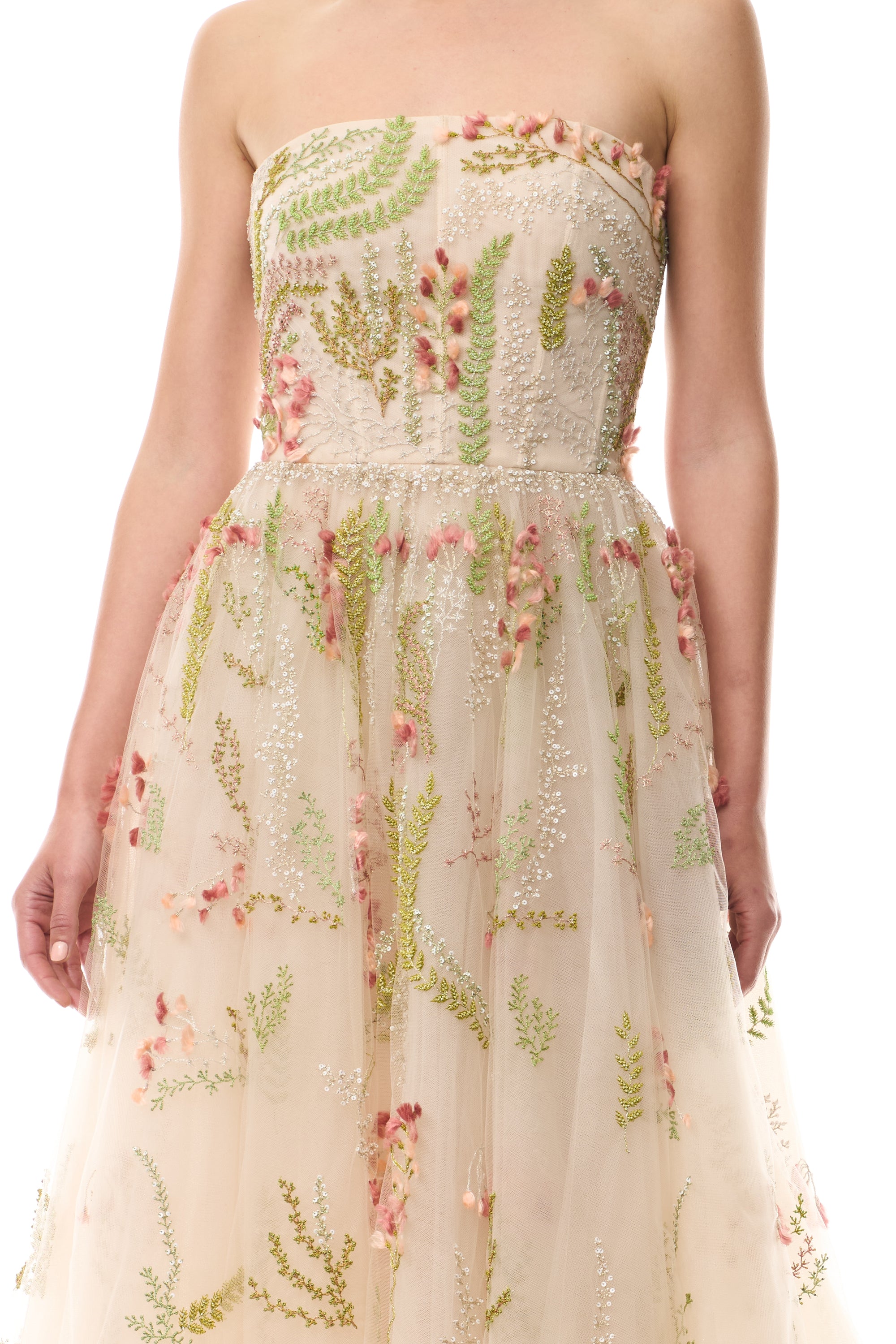 Monique Lhuillier Spring 2025 strapless dress with tea length skirt in Prosecco Multi colored embroidered tulle - fabric.