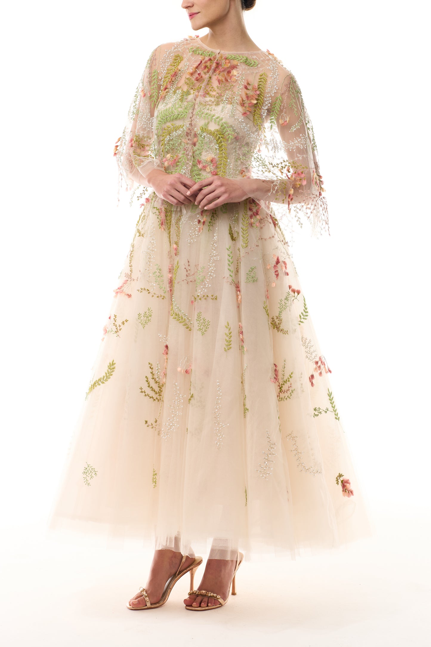 Monique Lhuillier Spring 2025 strapless dress with tea length skirt in Prosecco Multi colored embroidered tulle - front with matching tulle capelet sold separately.