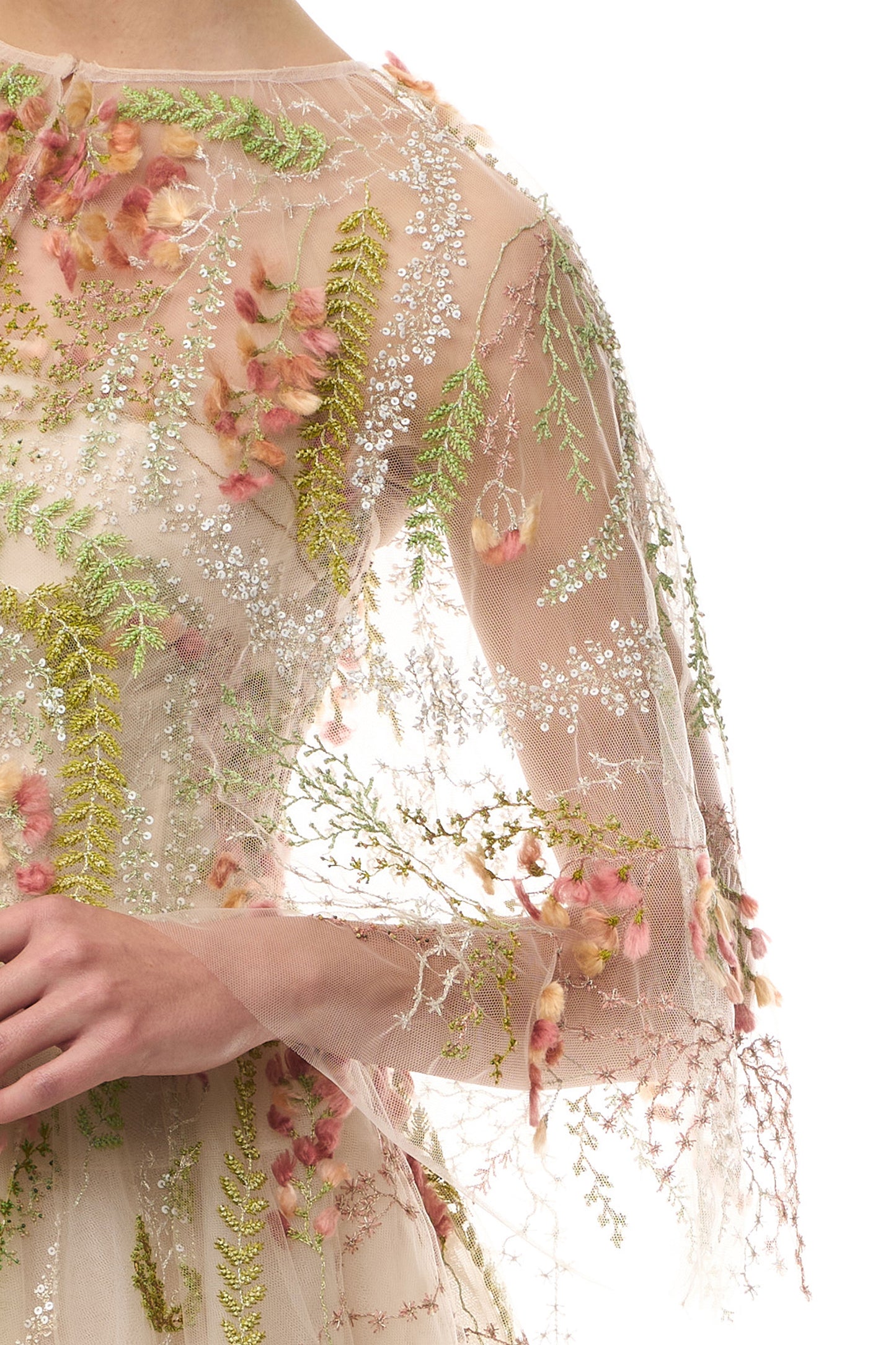 Monique Lhuillier Spring 2025 tulle capelet in Prosecco Multi colored embroidered tulle - detail.