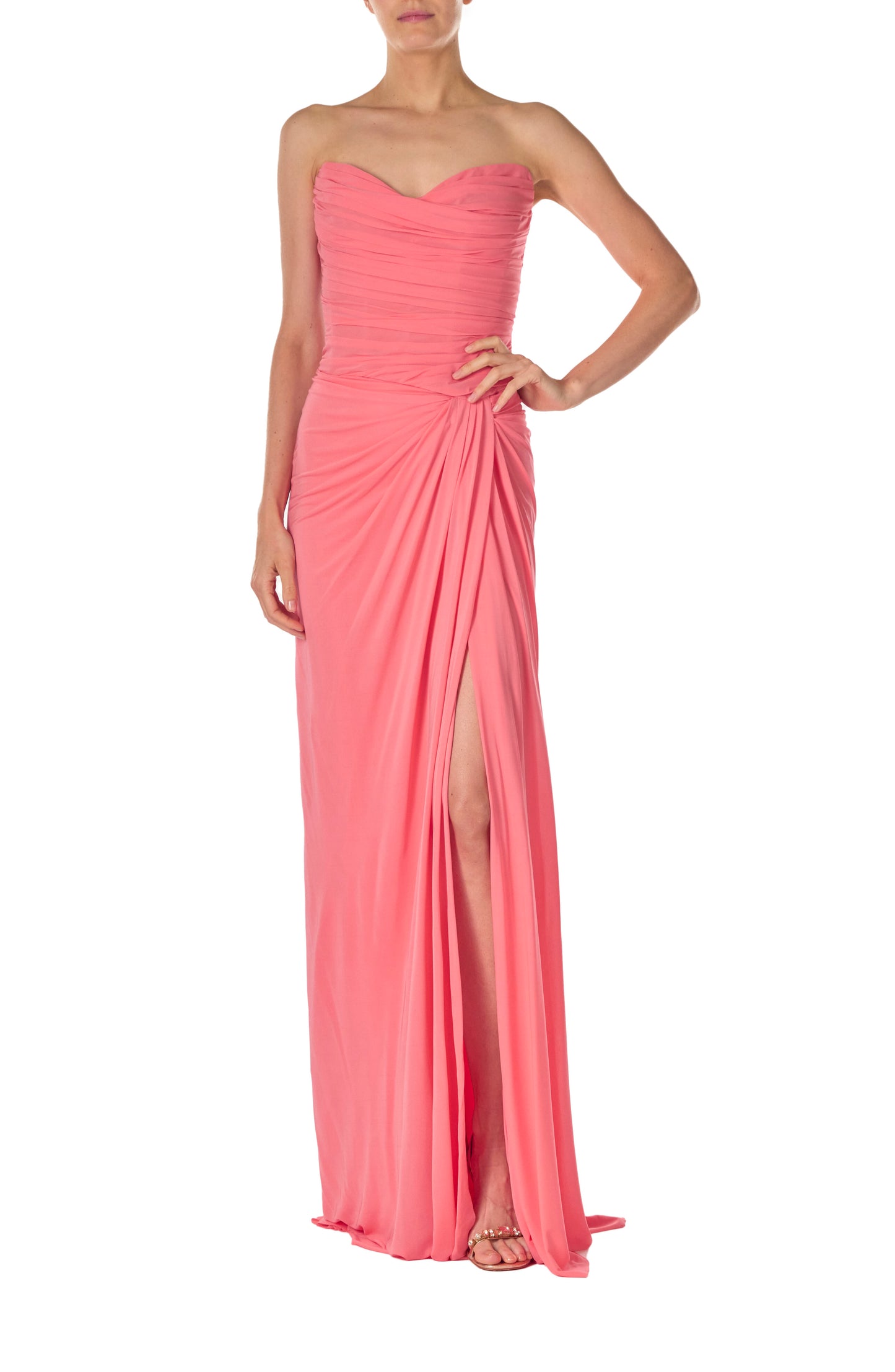 Monique Lhuillier Spring 2025 Strapless gown with draped, sweetheart neckline and front skirt slit in Crepe Jersey fabric - front.