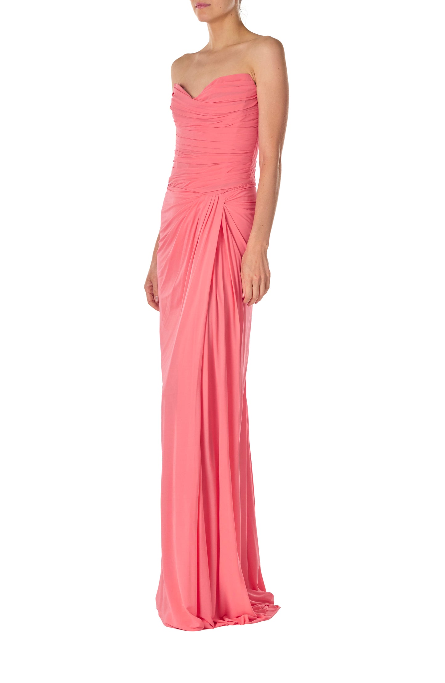 Monique Lhuillier Spring 2025 Strapless gown with draped, sweetheart neckline and front skirt slit in Crepe Jersey fabric - left side.