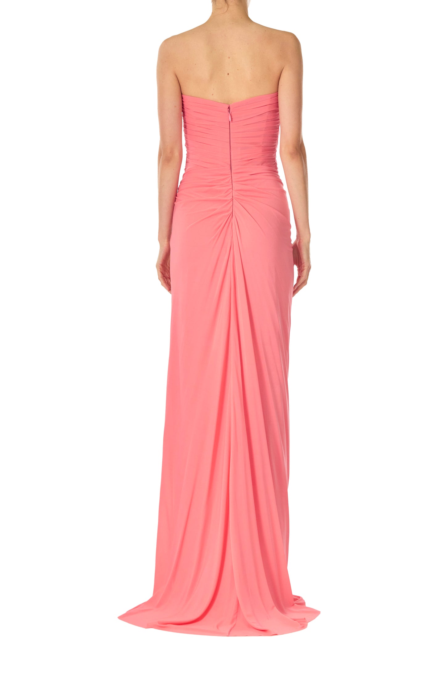 Monique Lhuillier Spring 2025 Strapless gown with draped, sweetheart neckline and front skirt slit in Crepe Jersey fabric - back.