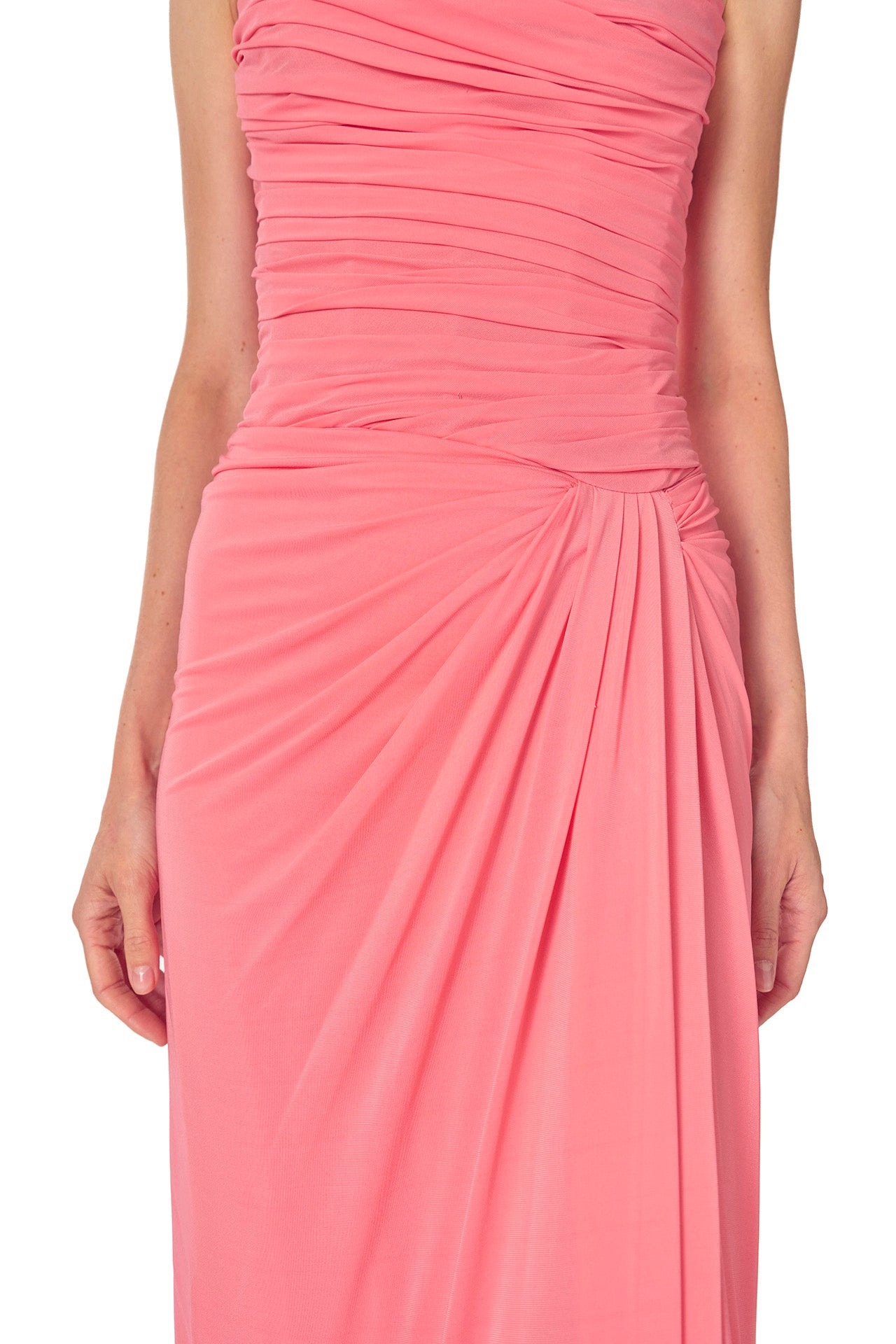 Monique Lhuillier Spring 2025 Strapless gown with draped, sweetheart neckline and front skirt slit in Crepe Jersey fabric - fabric draping.