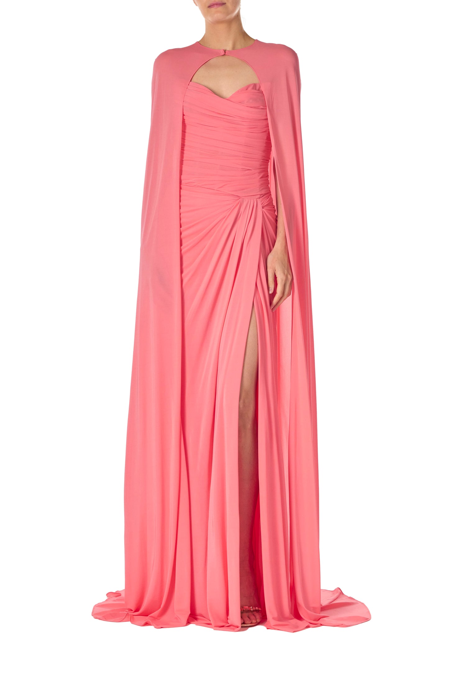 Monique Lhuillier Spring 2025 Pink crepe jersey floor length cape with hook and eye closure at front neckline - front.