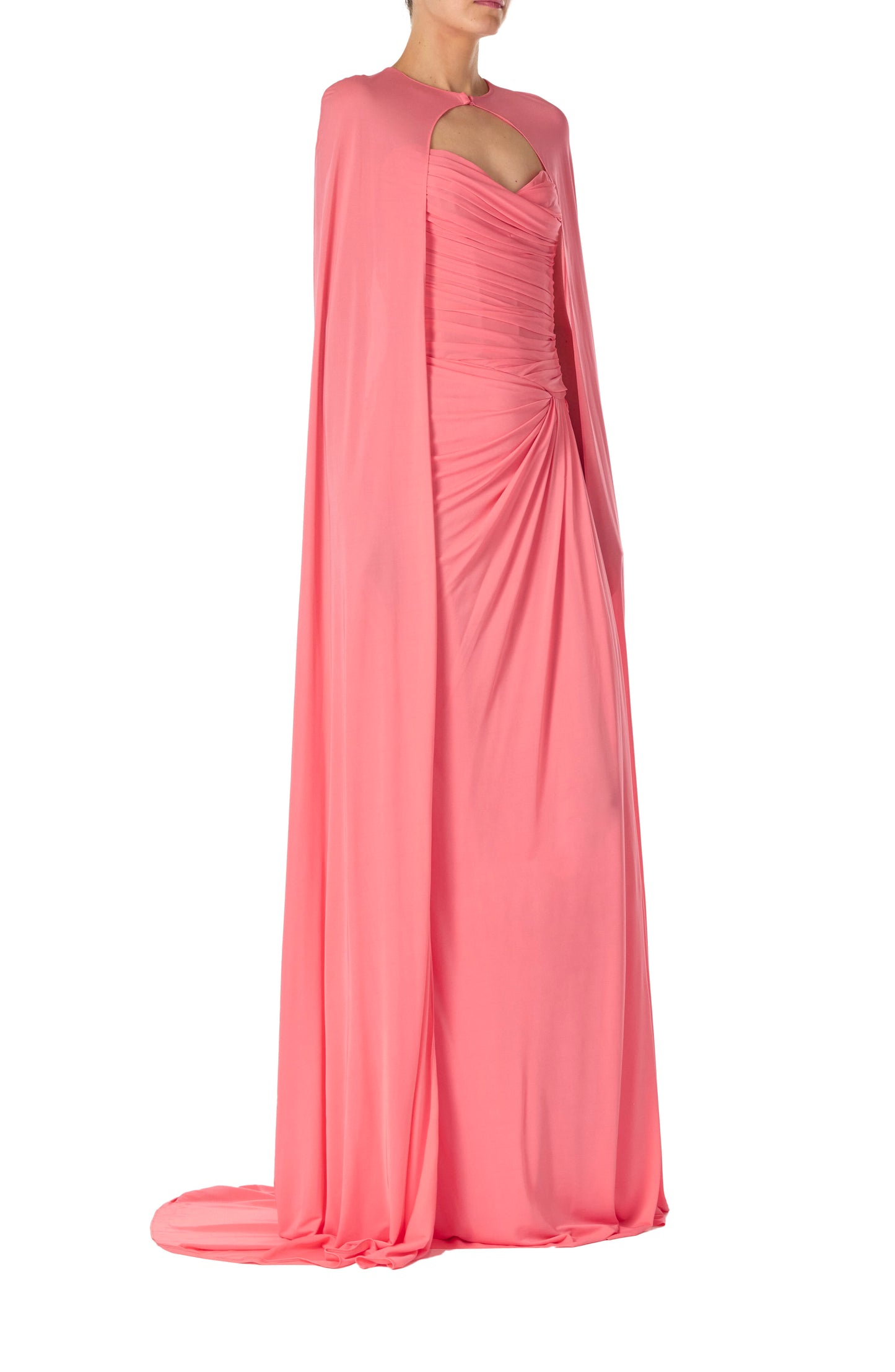 Monique Lhuillier Spring 2025 Pink crepe jersey floor length cape with hook and eye closure at front neckline - side one.