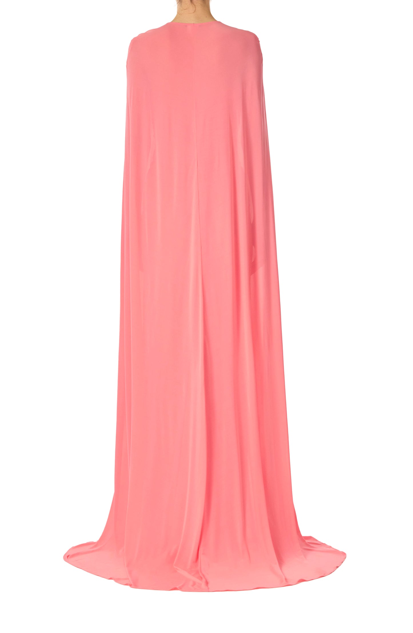 Monique Lhuillier Spring 2025 Pink crepe jersey floor length cape with hook and eye closure at front neckline - back.
