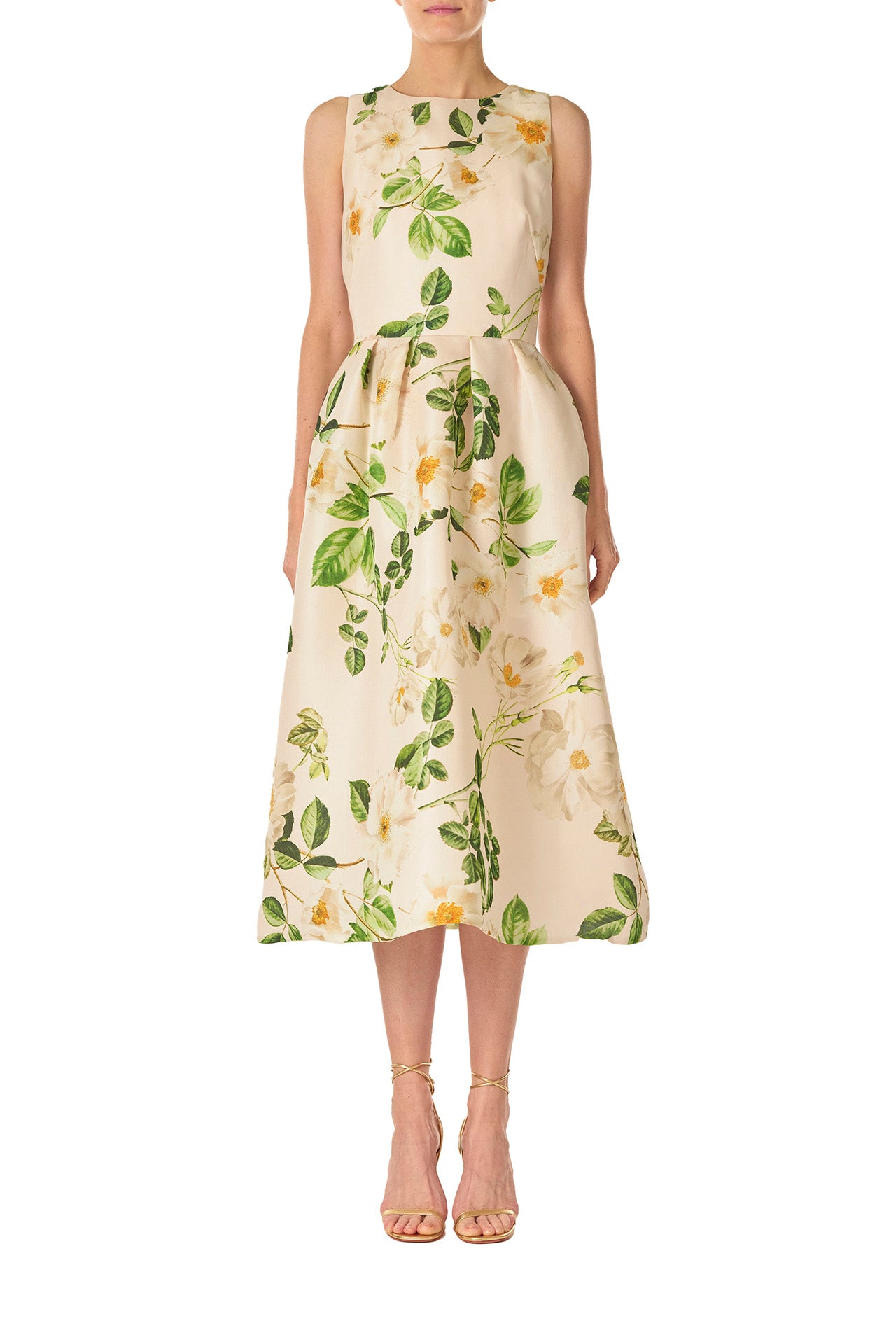 Monique Lhuillier Spring 2025 Rose print gazar sleeveless day dress with jewel neckline and pockets - front.