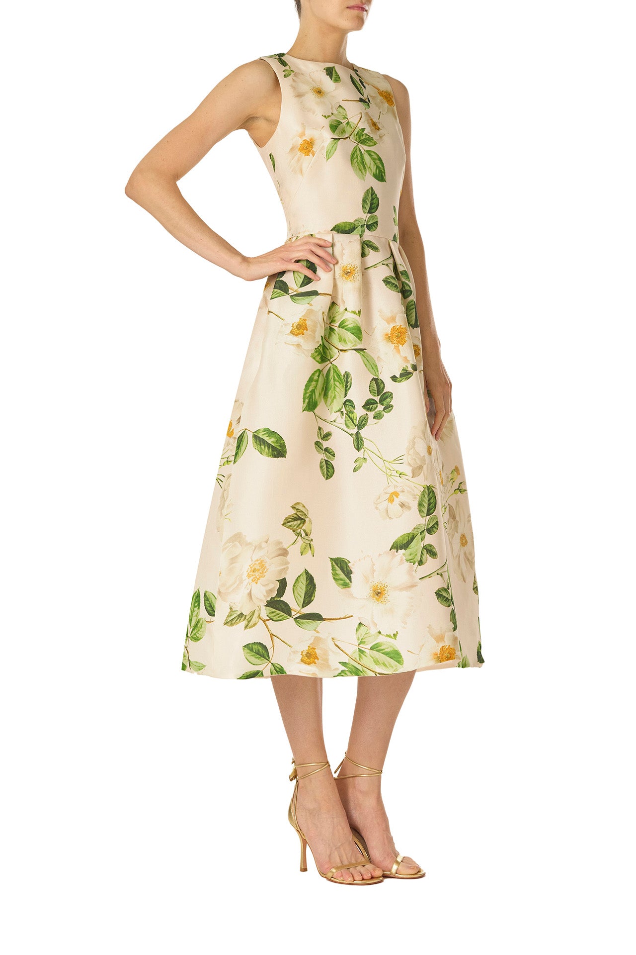 Monique Lhuillier Spring 2025 Rose print gazar sleeveless day dress with jewel neckline and pockets - right side.