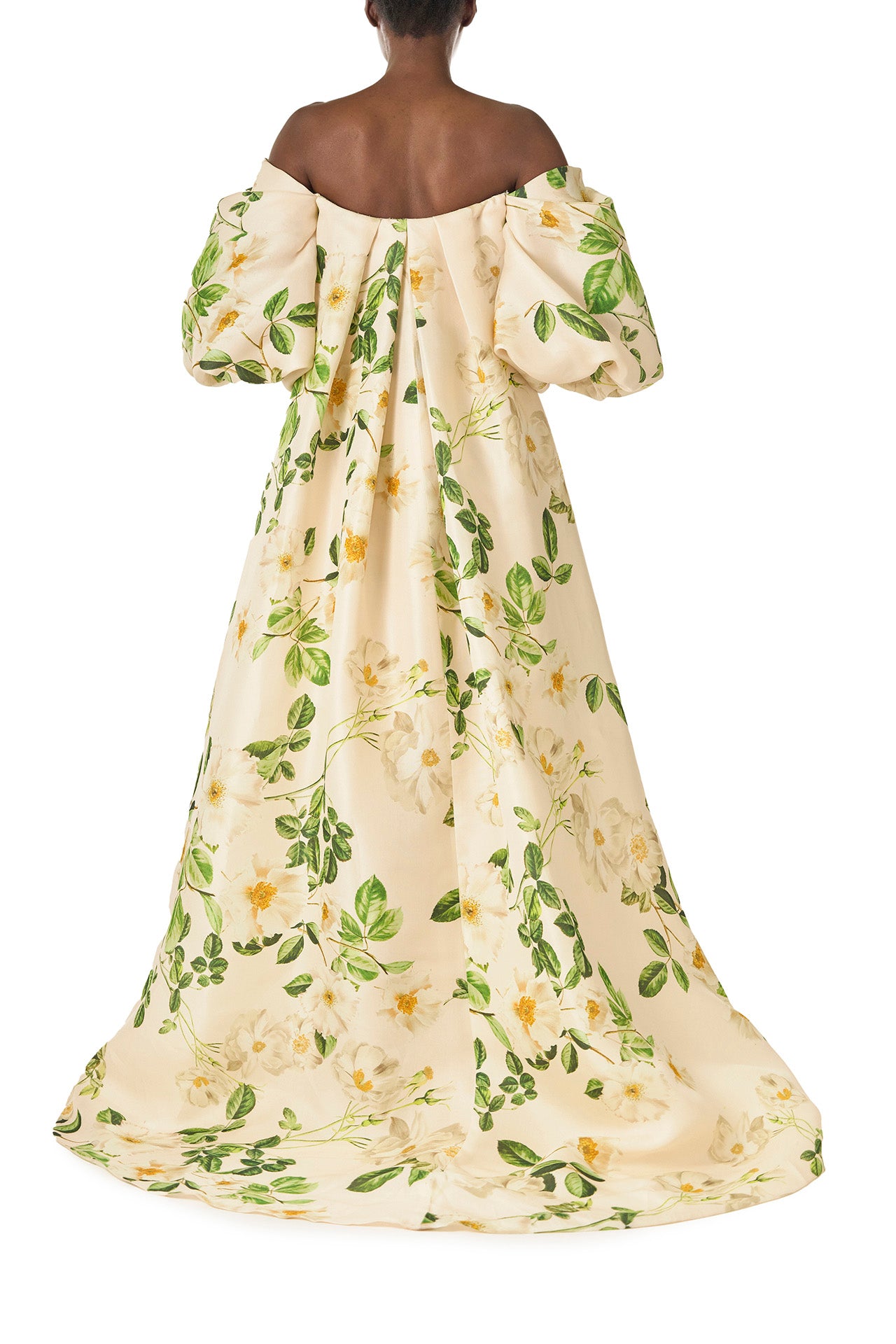 Monique Lhuillier Spring 2025 Off-the-shoulder, rose printed gazar cape with blouson puff sleeves - back.