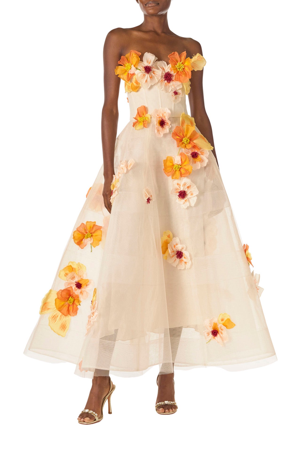Monique Lhuillier Spring 2025 Strapless, Ecru colored tea-length dress with light boning in bodice and structured horsehair tulle skirt in cascading floral Poppy embroidery - front.
