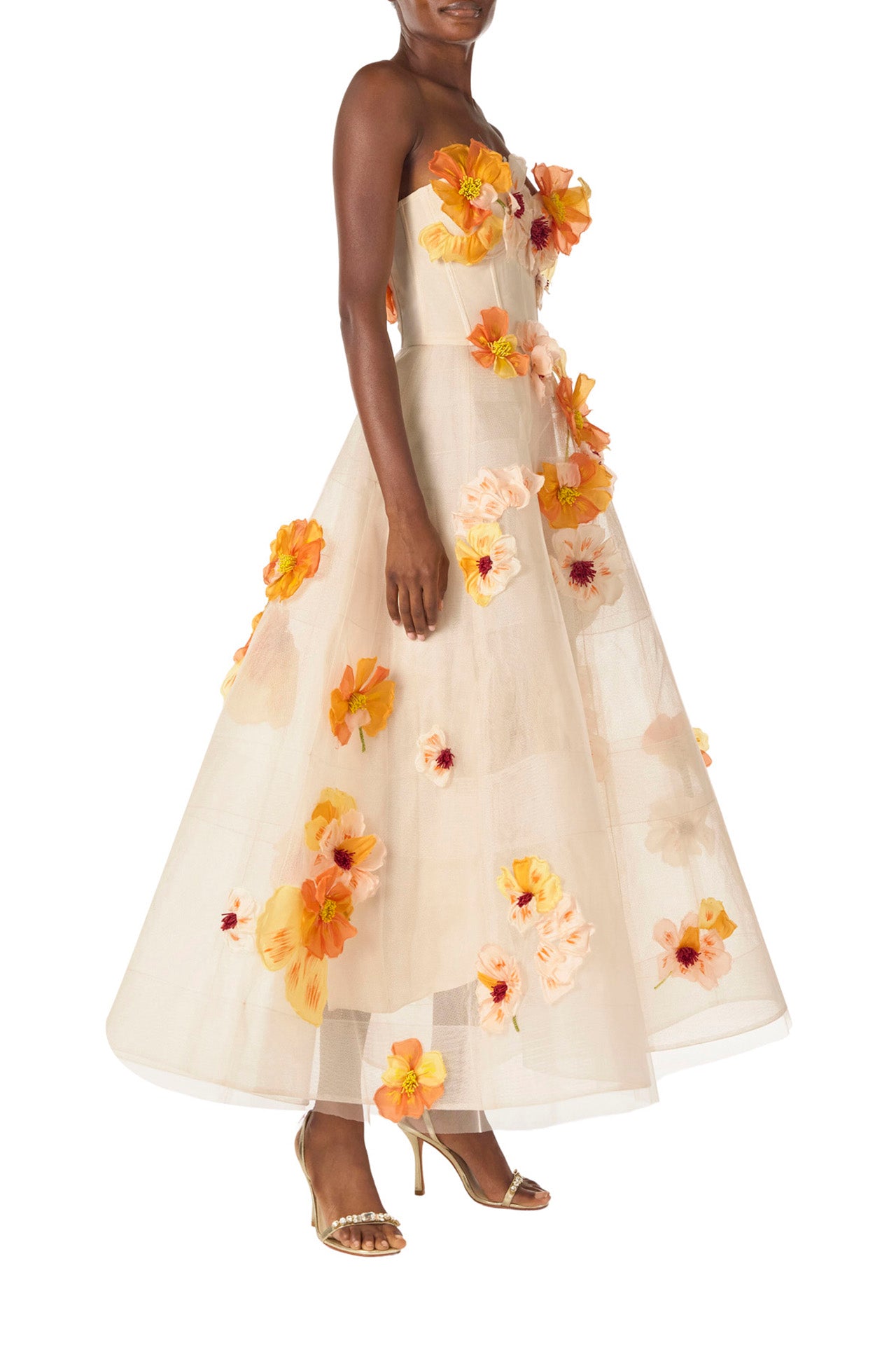 Monique Lhuillier Spring 2025 Strapless, Ecru colored tea-length dress with light boning in bodice and structured horsehair tulle skirt in cascading floral Poppy embroidery - right side.