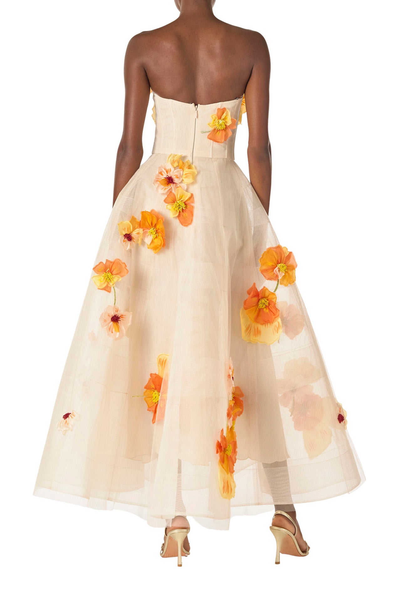 Monique Lhuillier Spring 2025 Strapless, Ecru colored tea-length dress with light boning in bodice and structured horsehair tulle skirt in cascading floral Poppy embroidery - back.