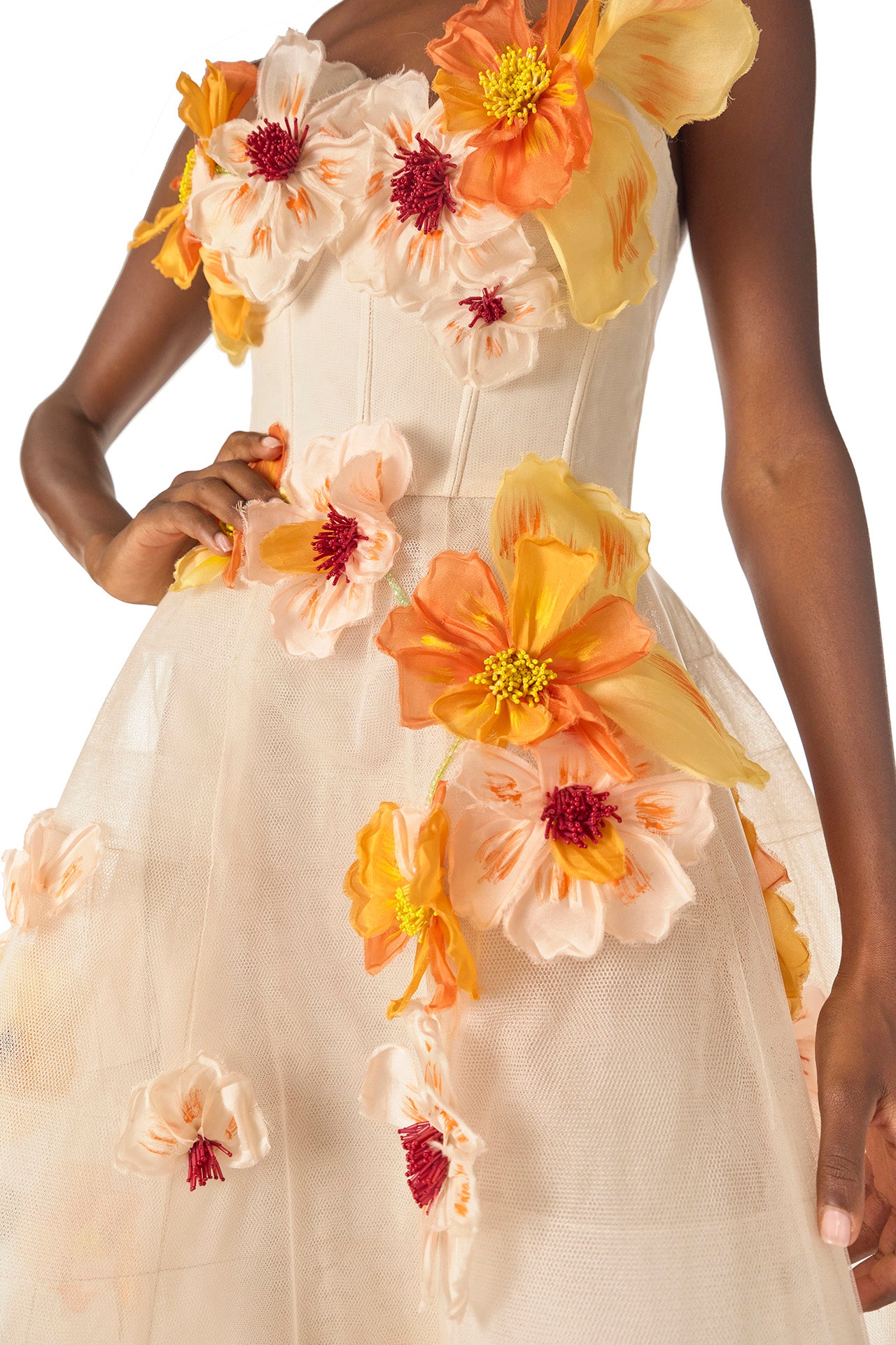 Monique Lhuillier Spring 2025 Strapless, Ecru colored tea-length dress with light boning in bodice and structured horsehair tulle skirt in cascading floral Poppy embroidery - floral detail.