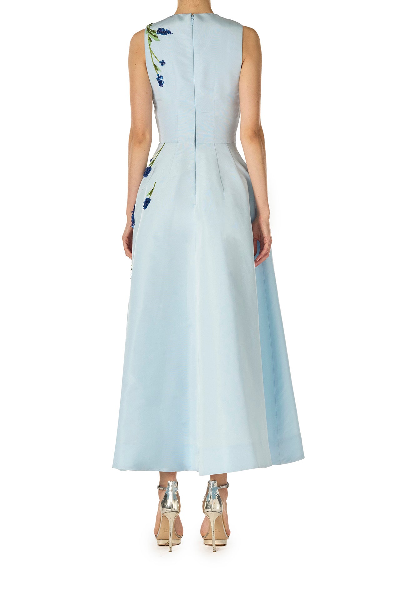 Monique Lhuillier Spring 2025 Sleeveless, tea-length dress with pockets in Powder Blue faille with Lavender-patterned embroidery - back.