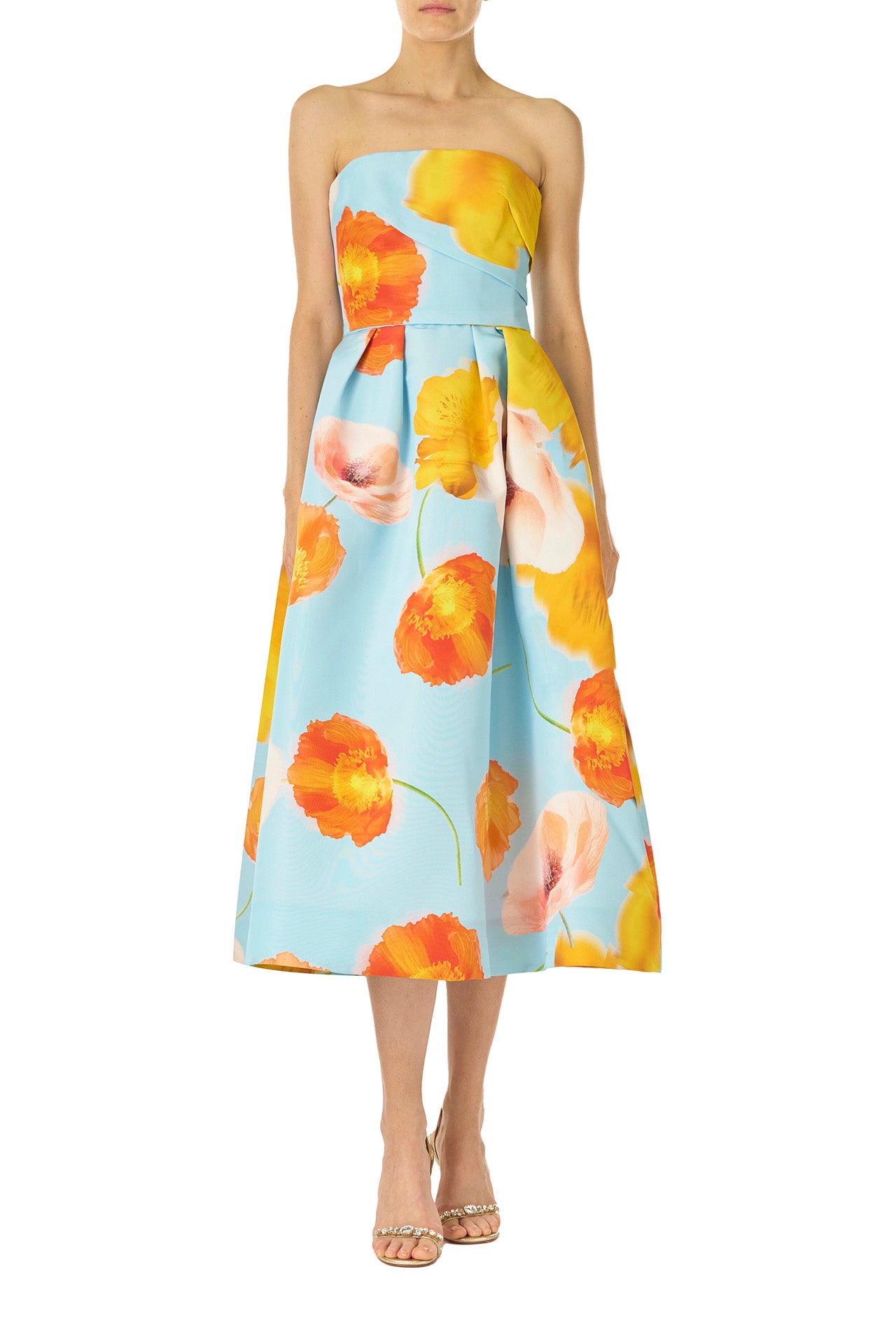 Monique Lhuillier Spring 2025 Strapless tea-length dress with draped bodice and pleated skirt in poppy printed blue faille fabric - front.