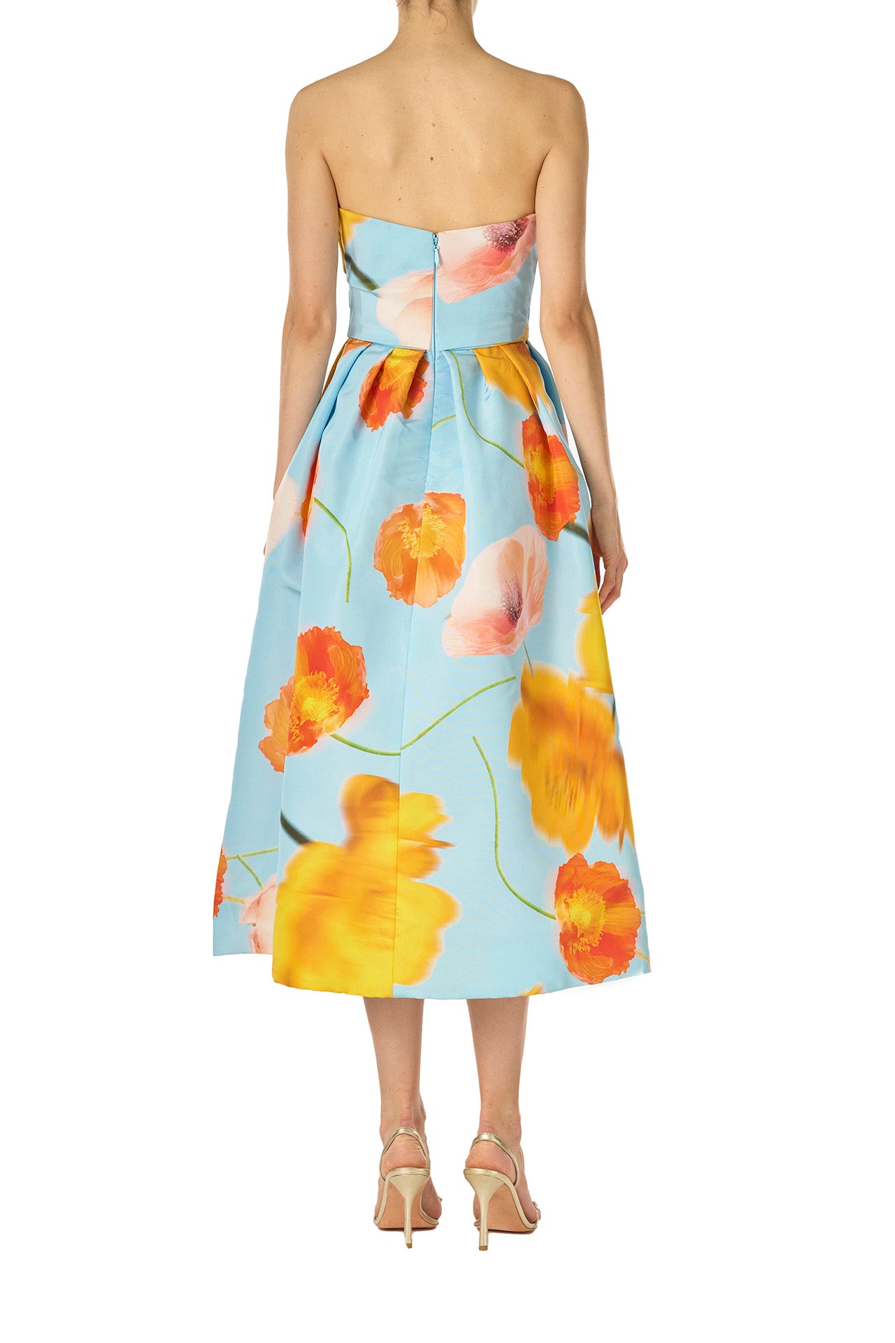 Monique Lhuillier Spring 2025 Strapless tea-length dress with draped bodice and pleated skirt in poppy printed blue faille fabric - back.