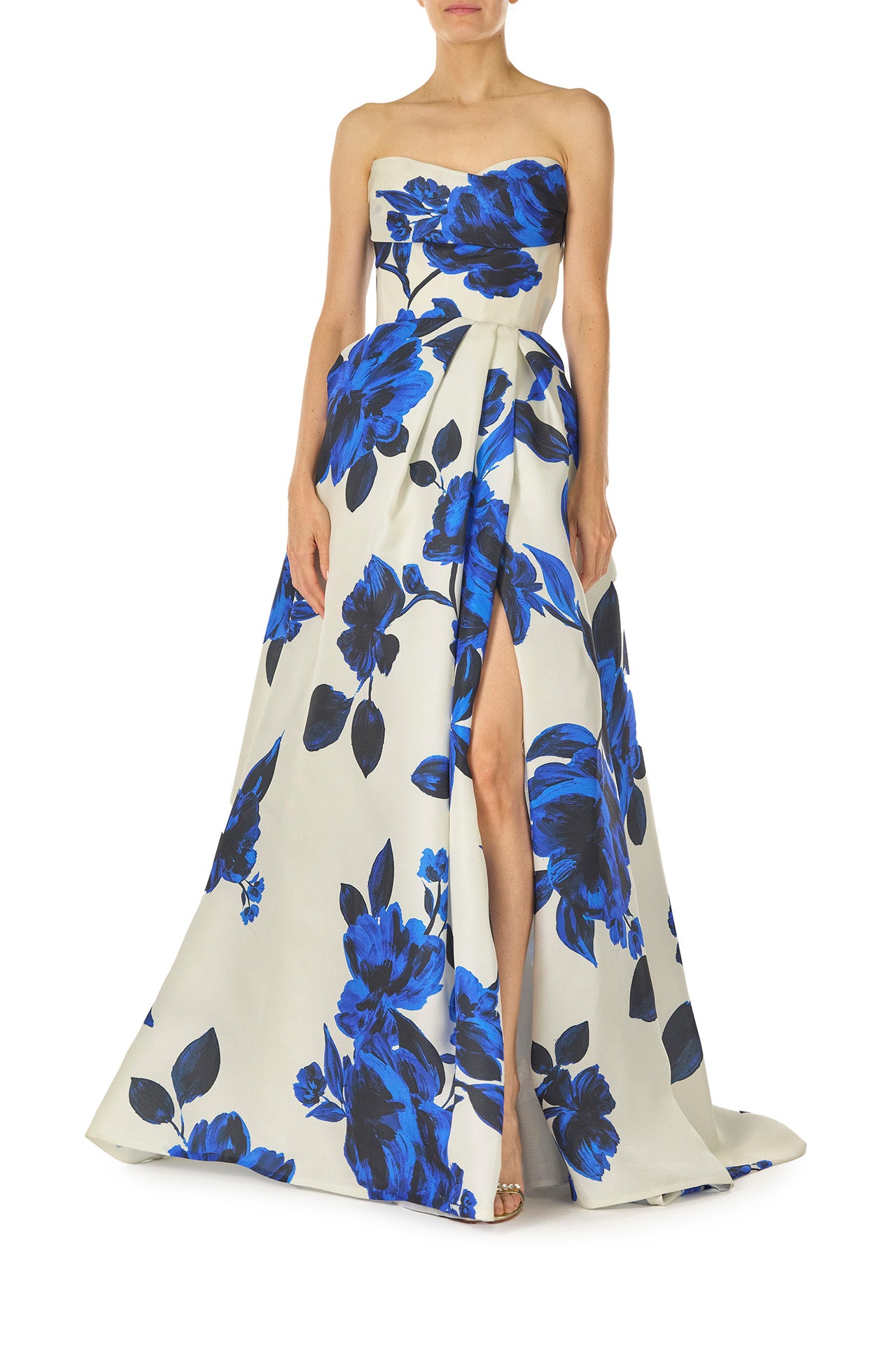Monique Lhuillier Spring 2025 strapless ballgown with pockets, draped bodice and high leg slit in nautical blue & silk white rose printed gazar - front.