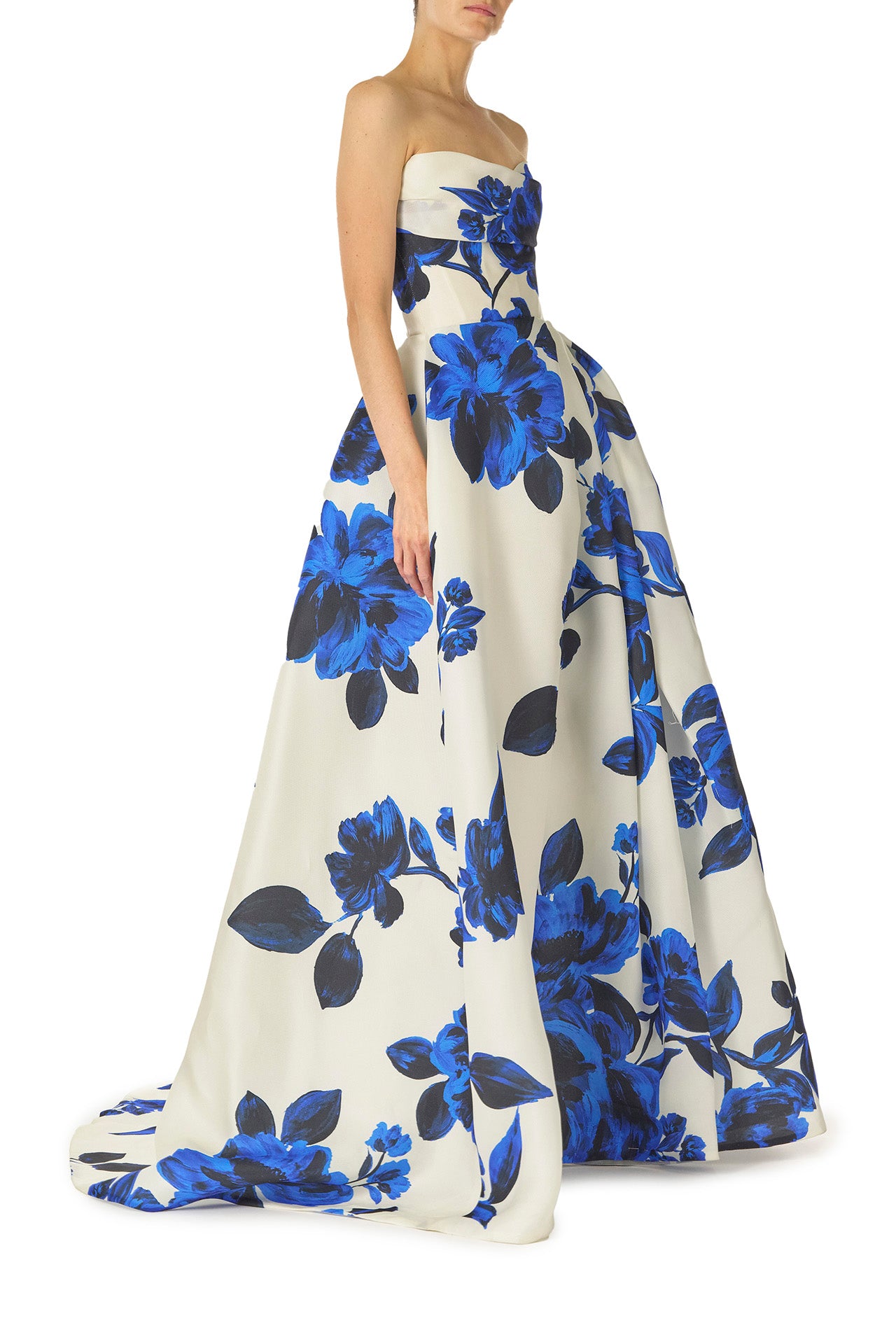 Monique Lhuillier Spring 2025 strapless ballgown with pockets, draped bodice and high leg slit in nautical blue & silk white rose printed gazar - right side.