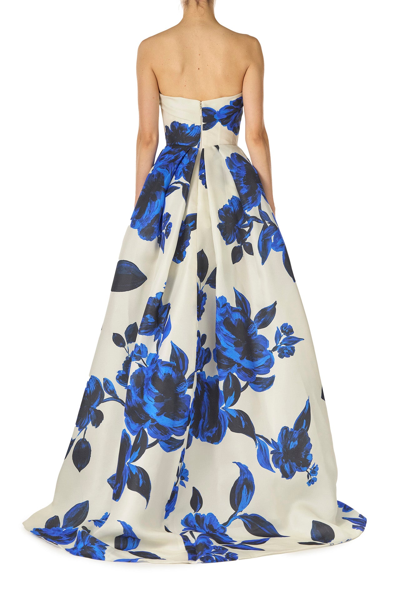 Monique Lhuillier Spring 2025 strapless ballgown with pockets, draped bodice and high leg slit in nautical blue & silk white rose printed gazar - back.