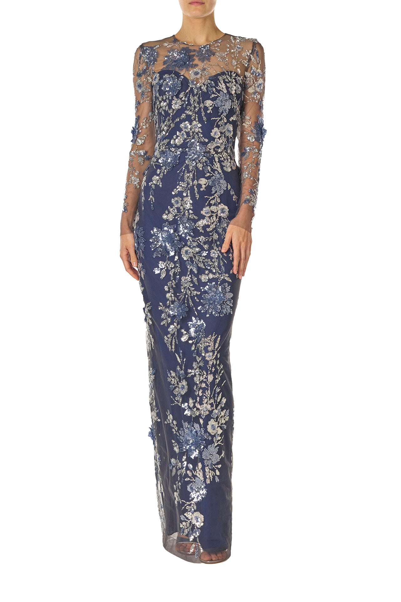 Monique Lhuillier Spring 2025 long sleeve, sequin tulle gown with illusion neckline and column skirt in navy multi colors - front.