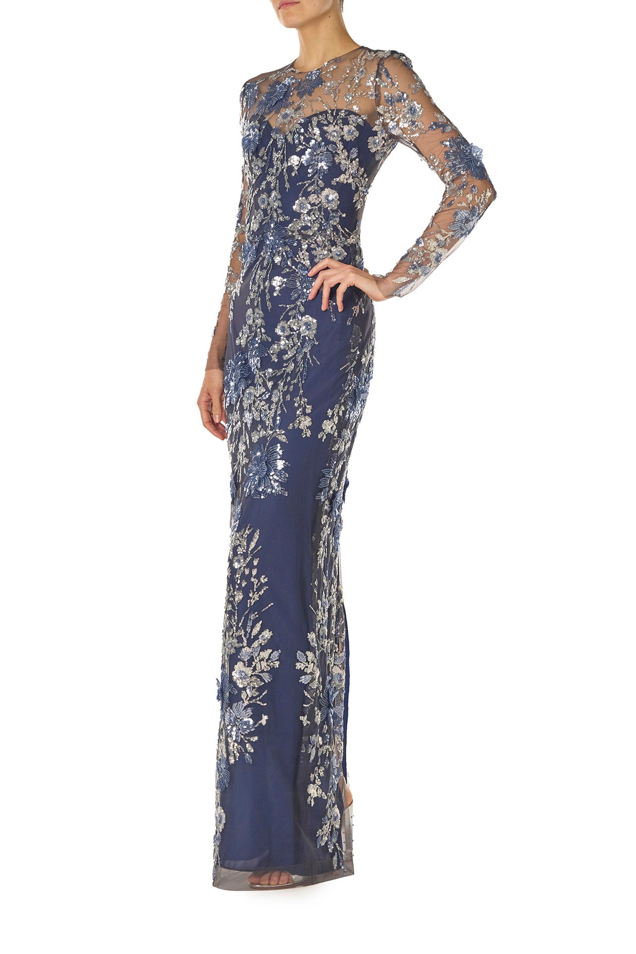 Monique Lhuillier Spring 2025 long sleeve, sequin tulle gown with illusion neckline and column skirt in navy multi colors - side,