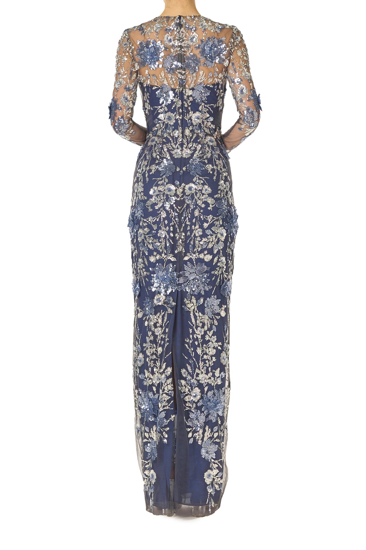 Monique Lhuillier Spring 2025 long sleeve, sequin tulle gown with illusion neckline and column skirt in navy multi colors - back.