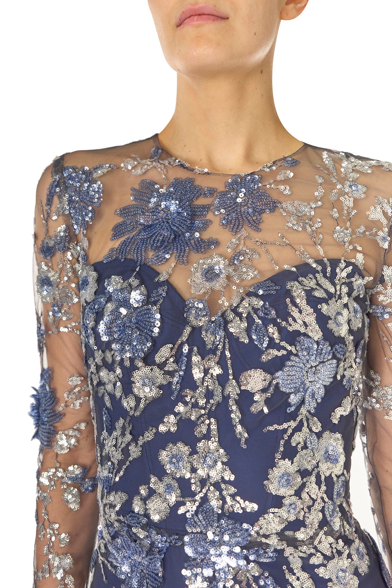 Monique Lhuillier Spring 2025 long sleeve, sequin tulle gown with illusion neckline and column skirt in navy multi colors - bodice.