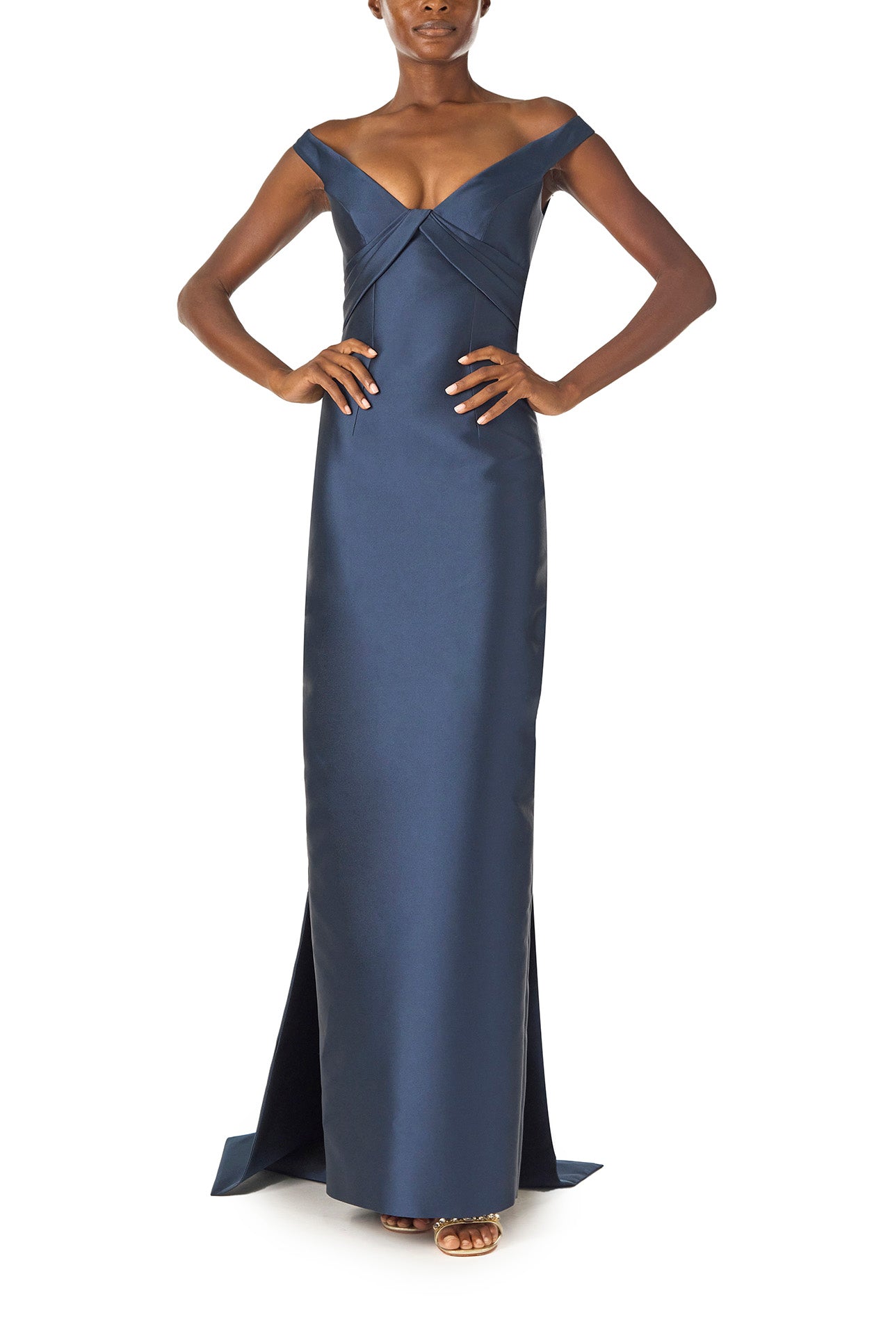 Monique Lhuillier Spring 2025 Off the shoulder gown with draped, low cut V-neckline and with integral draped ties down the back in Lapis Mikado - front.