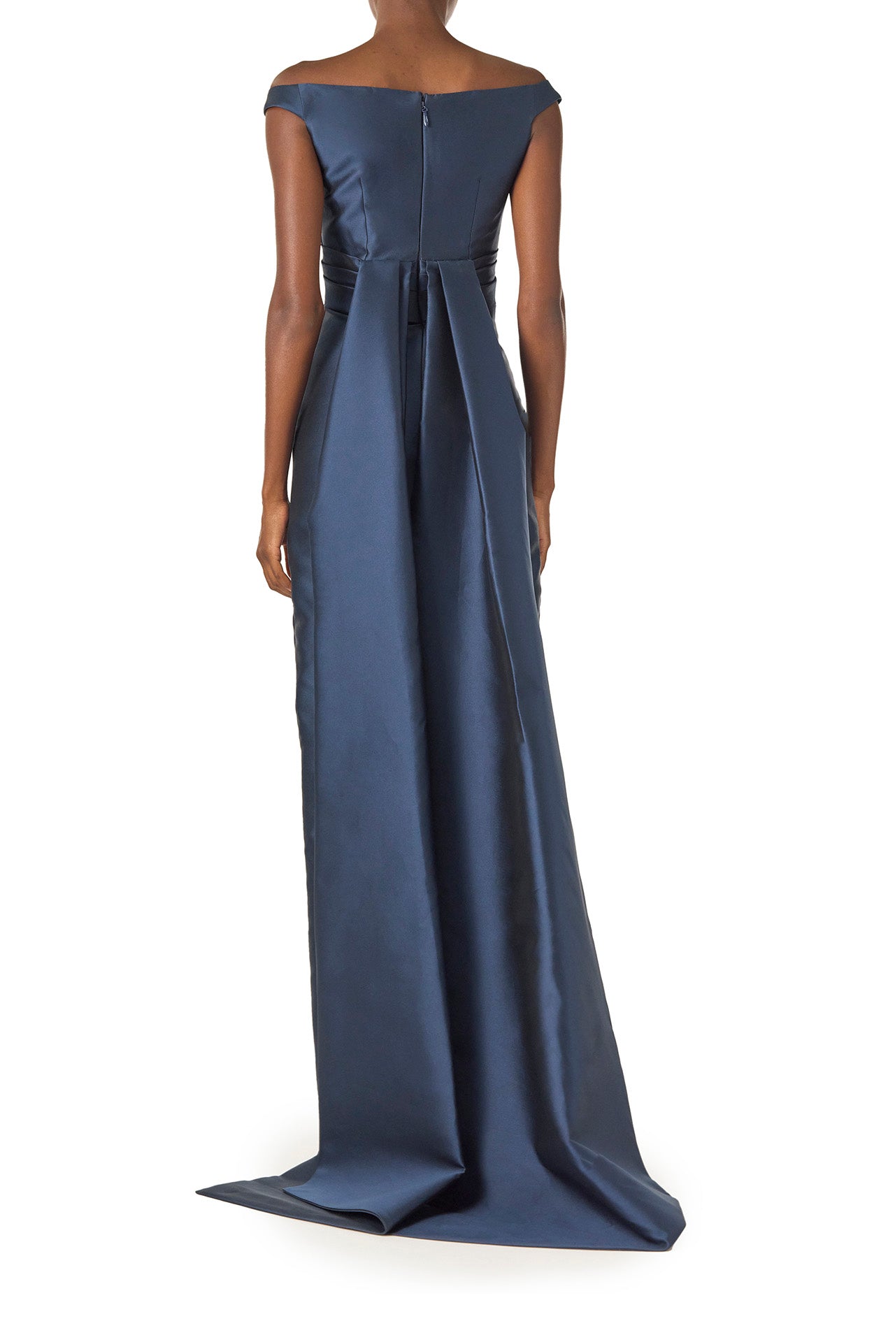 Monique Lhuillier Spring 2025 Off the shoulder gown with draped, low cut V-neckline and with integral draped ties down the back in Lapis Mikado - back.