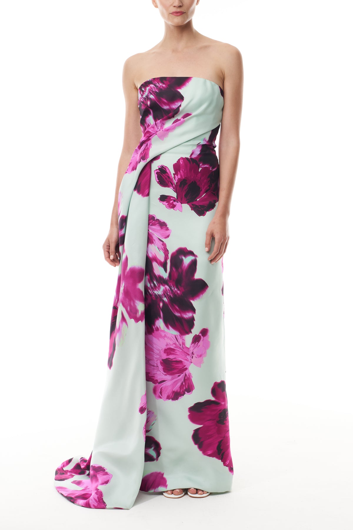 Monique Lhuillier Fall 2025 strapless column gown with side draping in electric floral printed gazar - front.