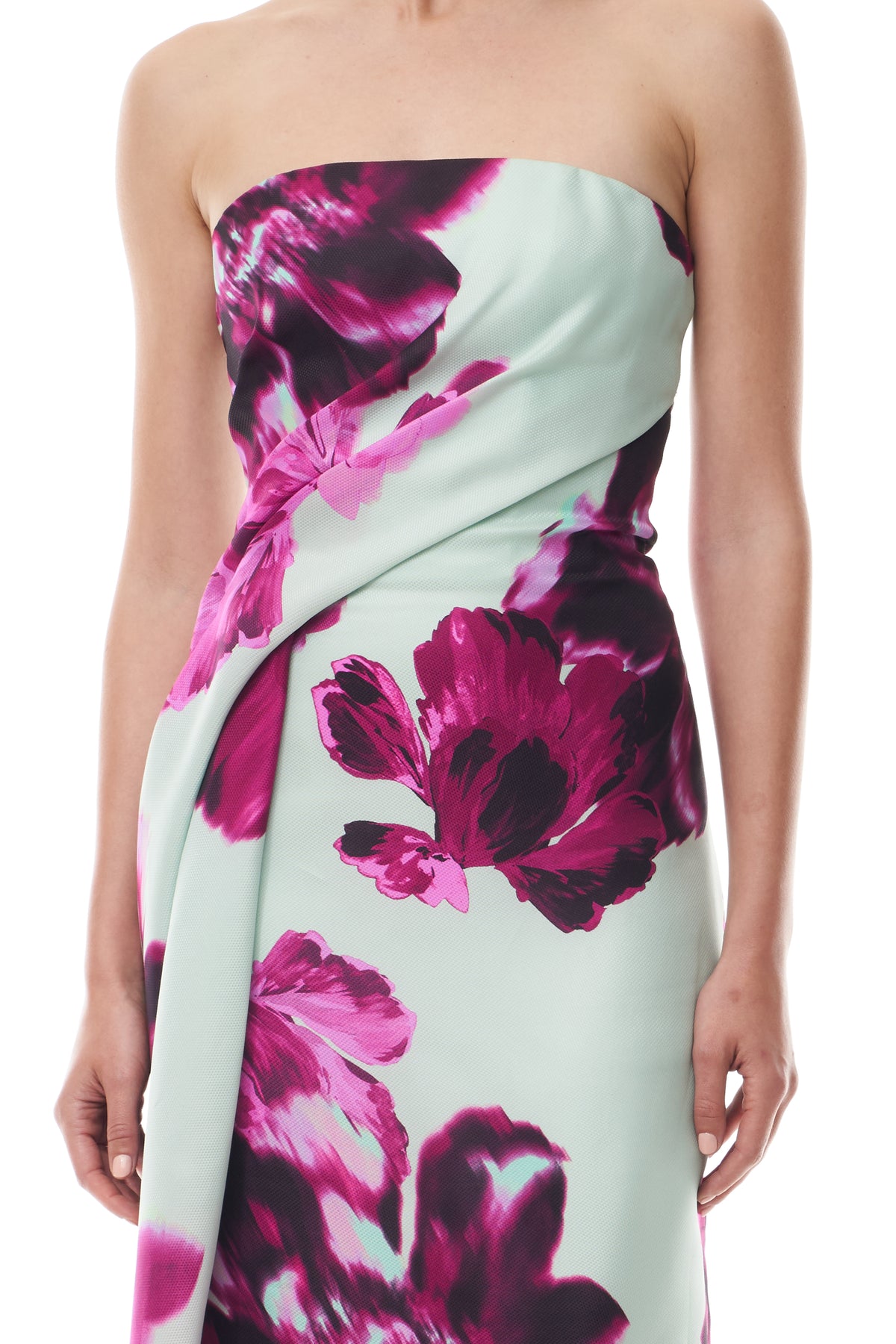 Monique Lhuillier Fall 2025 strapless column gown with side draping in electric floral printed gazar - fabric.