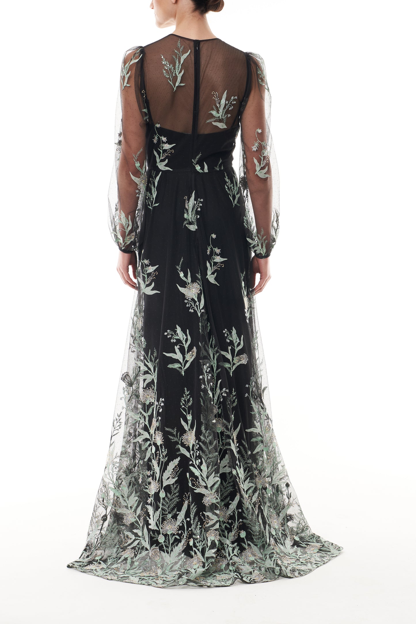 Monique Lhuillier Fall 2025 long sleeve gown with detached slip in noir & mist embroidered tulle - back.