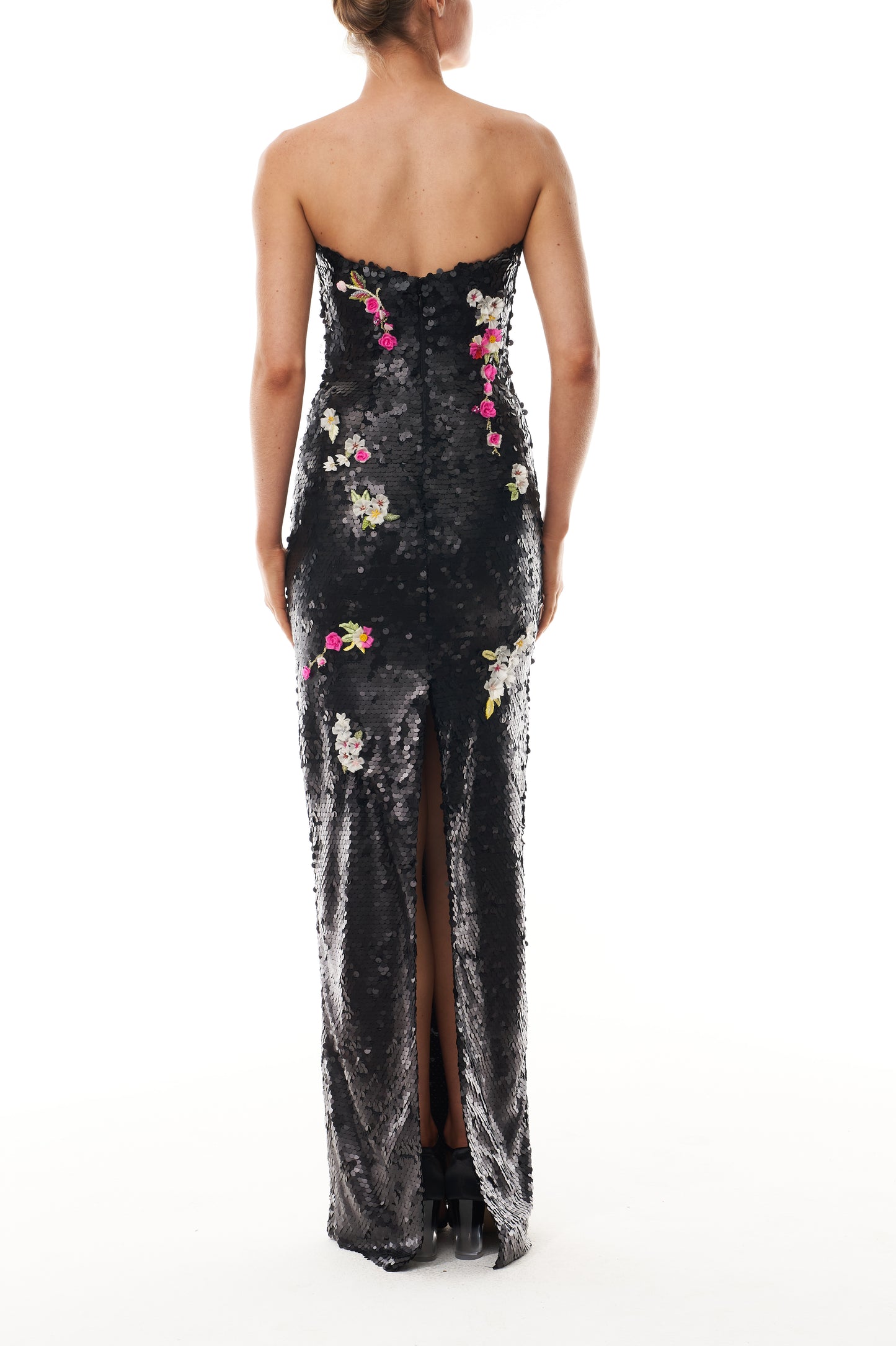 Monique Lhuillier Fall 2025 Noir/Multi Floral embroidered matte sequin strapless column gown - back.