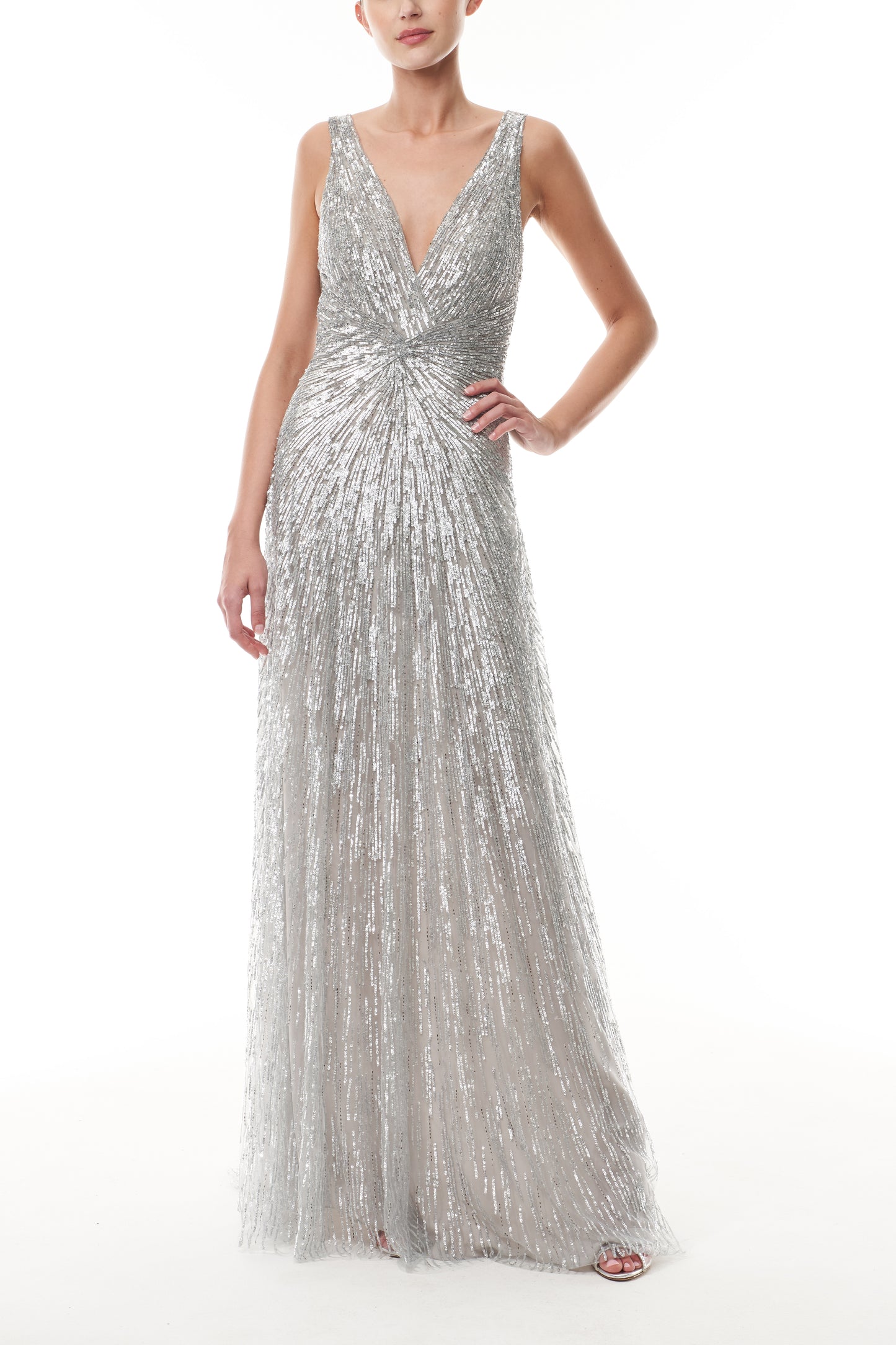 Monique Lhuillier Fall 2025 V-neck gown in silver embroidered tulle - front.