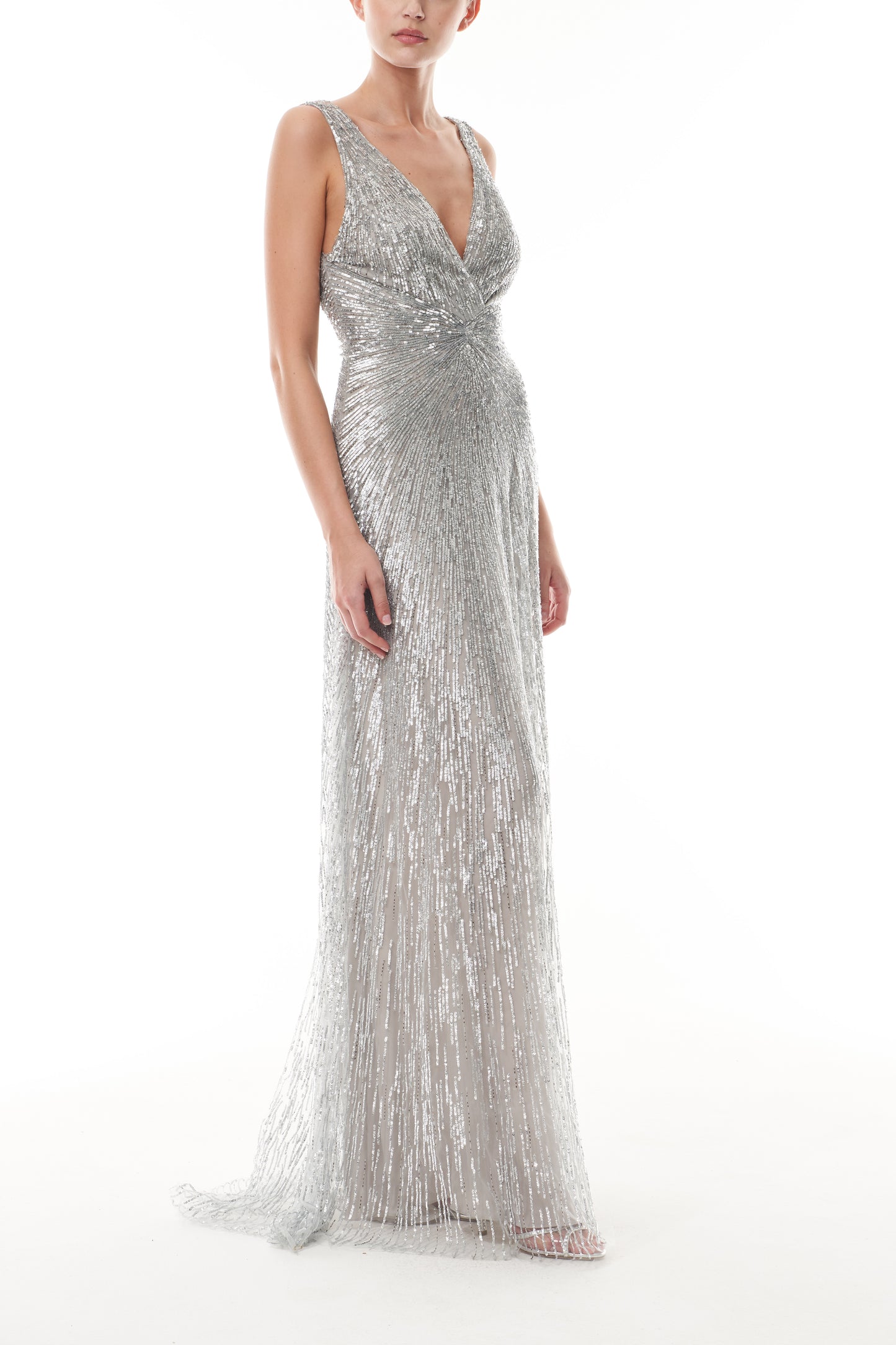 Monique Lhuillier Fall 2025 V-neck gown in silver embroidered tulle - side.