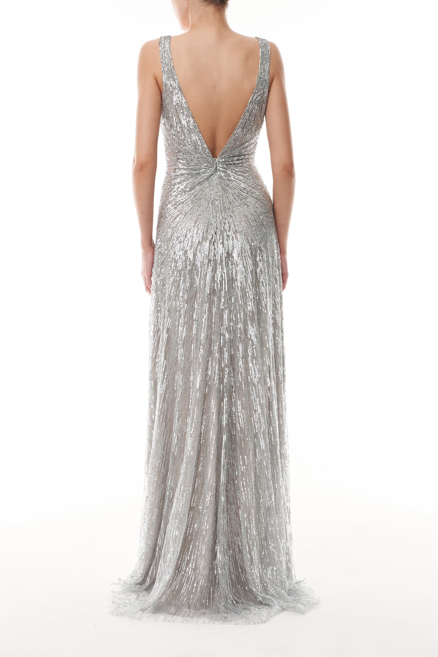 Monique Lhuillier Fall 2025 V-neck gown in silver embroidered tulle - back.