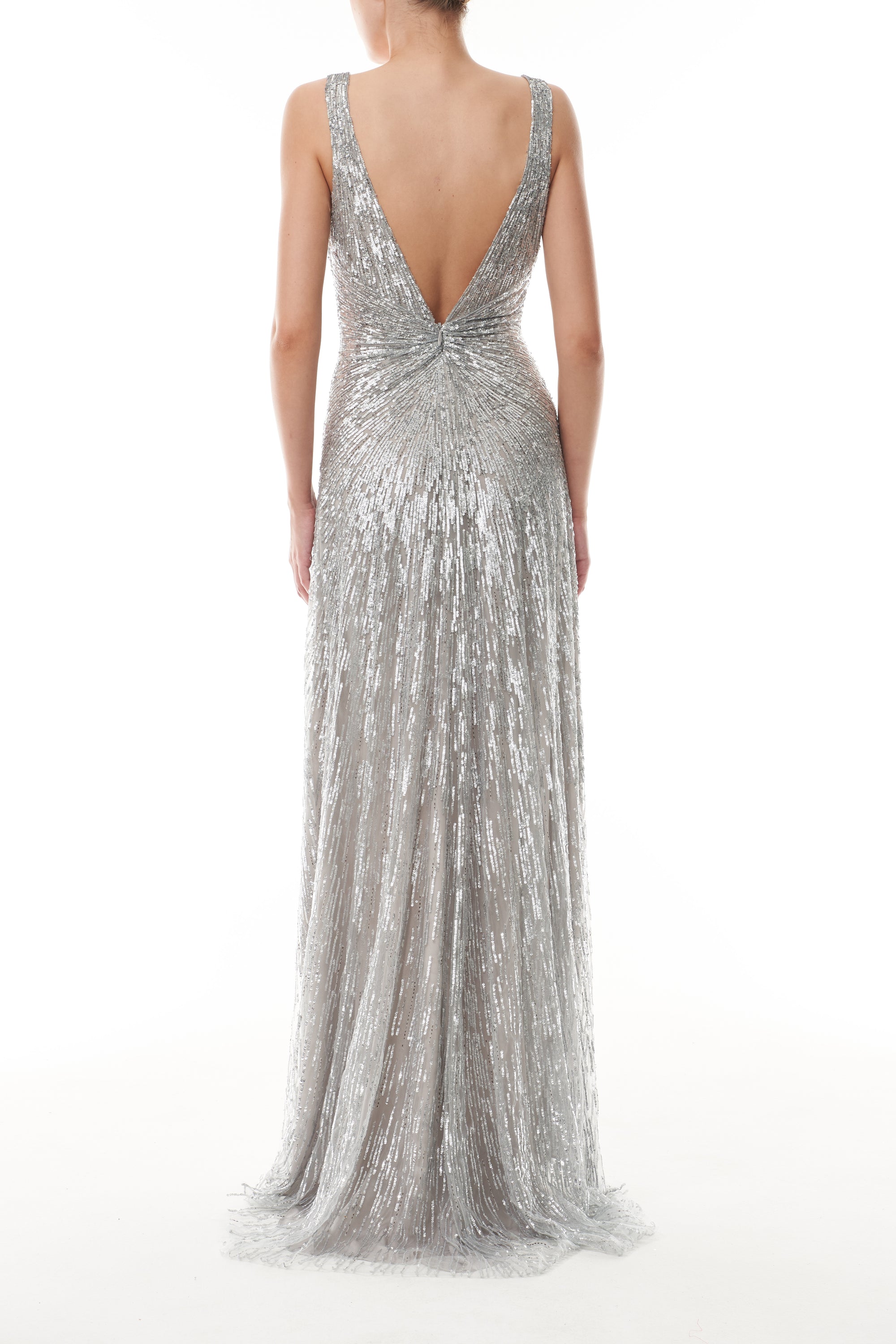 Monique Lhuillier Fall 2025 V-neck gown in silver embroidered tulle - back.