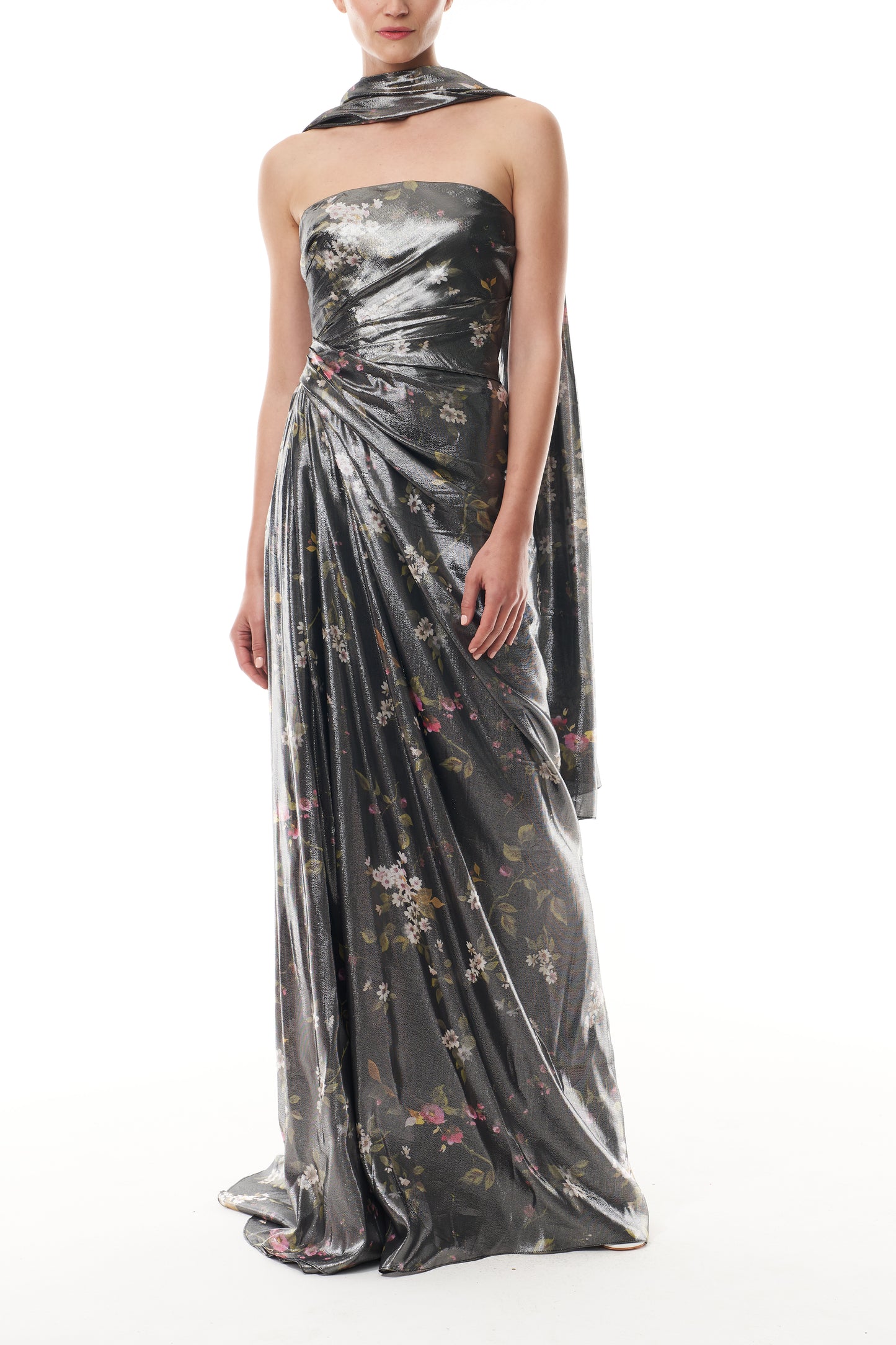 Monique Lhuillier Fall 2025 strapless gown with detached neck scarf in metallic floral printed lame fabric - front.