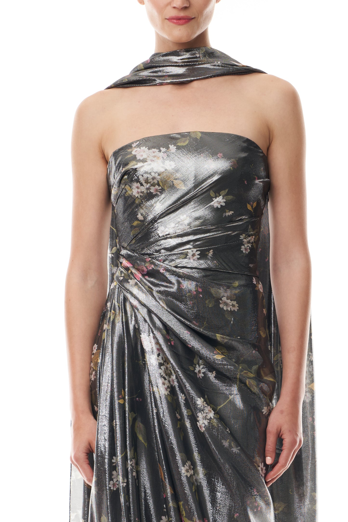 Monique Lhuillier Fall 2025 strapless gown with detached neck scarf in metallic floral printed lame fabric - fabric.