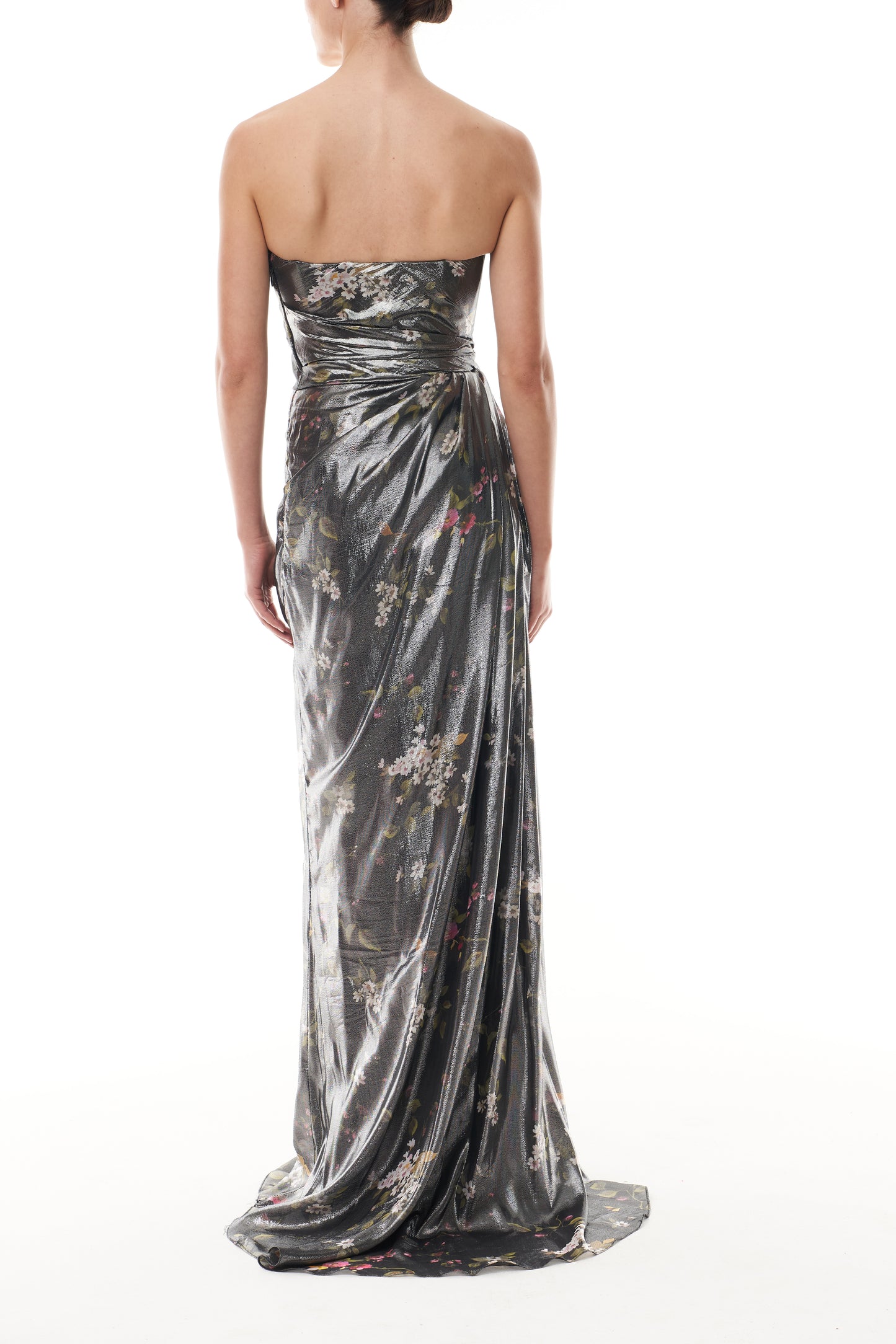 Monique Lhuillier Fall 2025 strapless gown with detached neck scarf in metallic floral printed lame fabric - back without scarf.