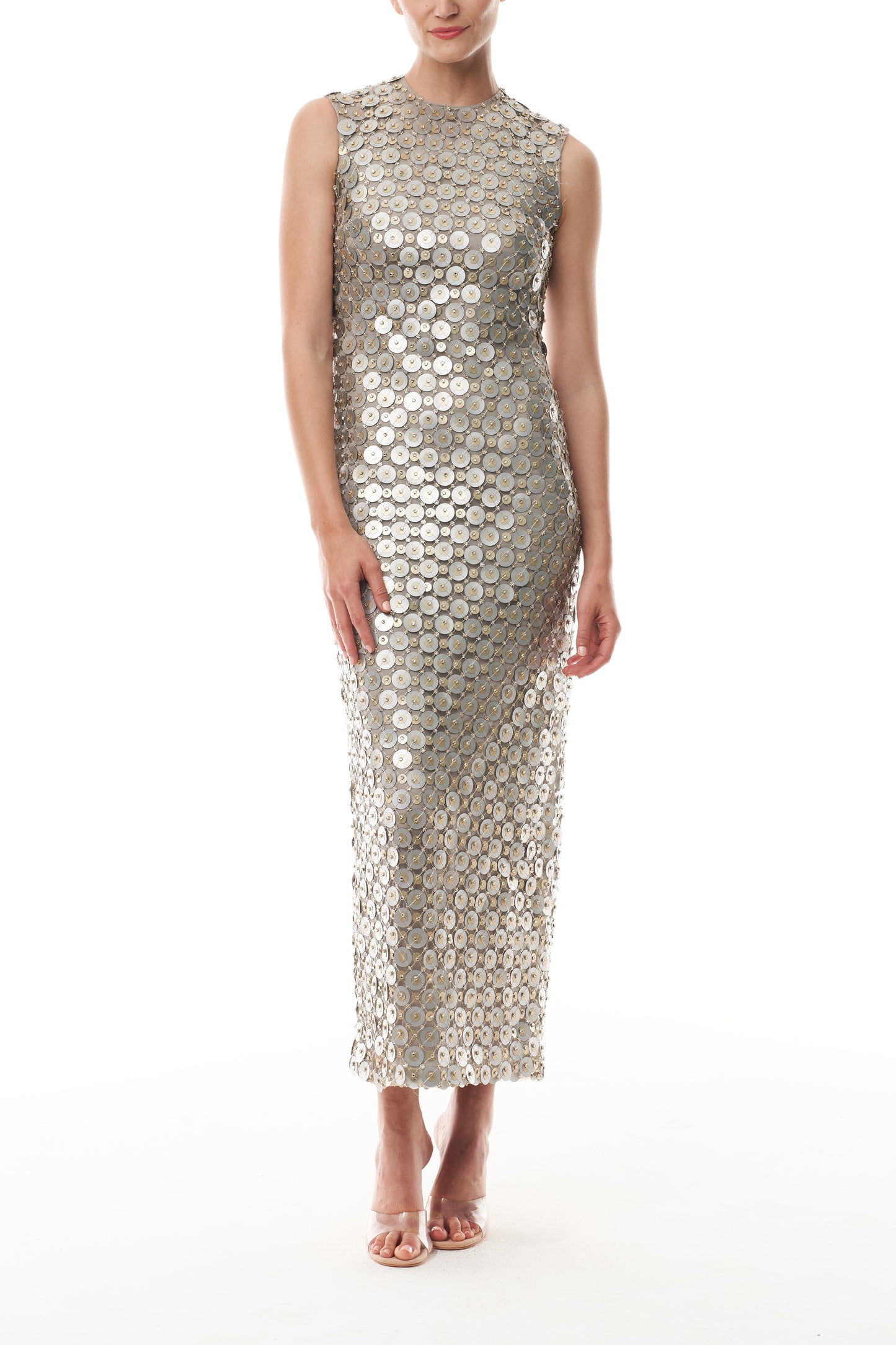 Monique Lhuillier Fall 2025 Sleeveless, tea-length shift dress in silver & gold disc embroidery - front.
