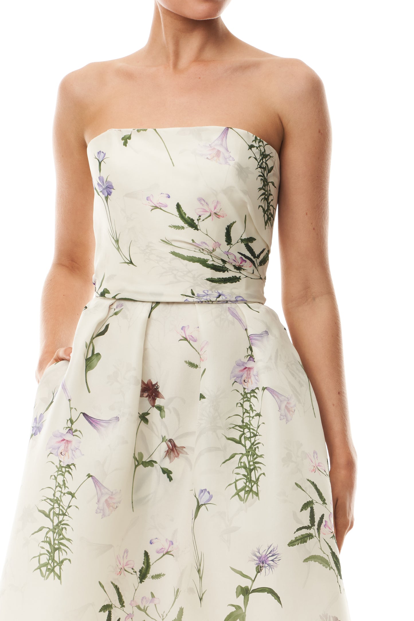 Monique Lhuillier Fall 2025 strapless dress with pleated waistline in floral printed gazar fabric - fabric.