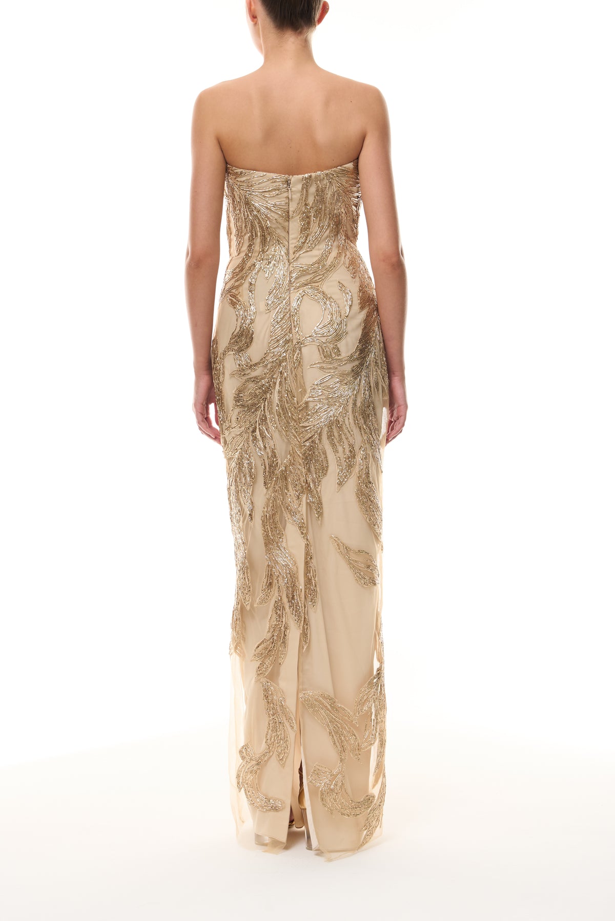 Monique Lhuillier Fall 2025 Gold feather embroidered tulle strapless column gown - back.
