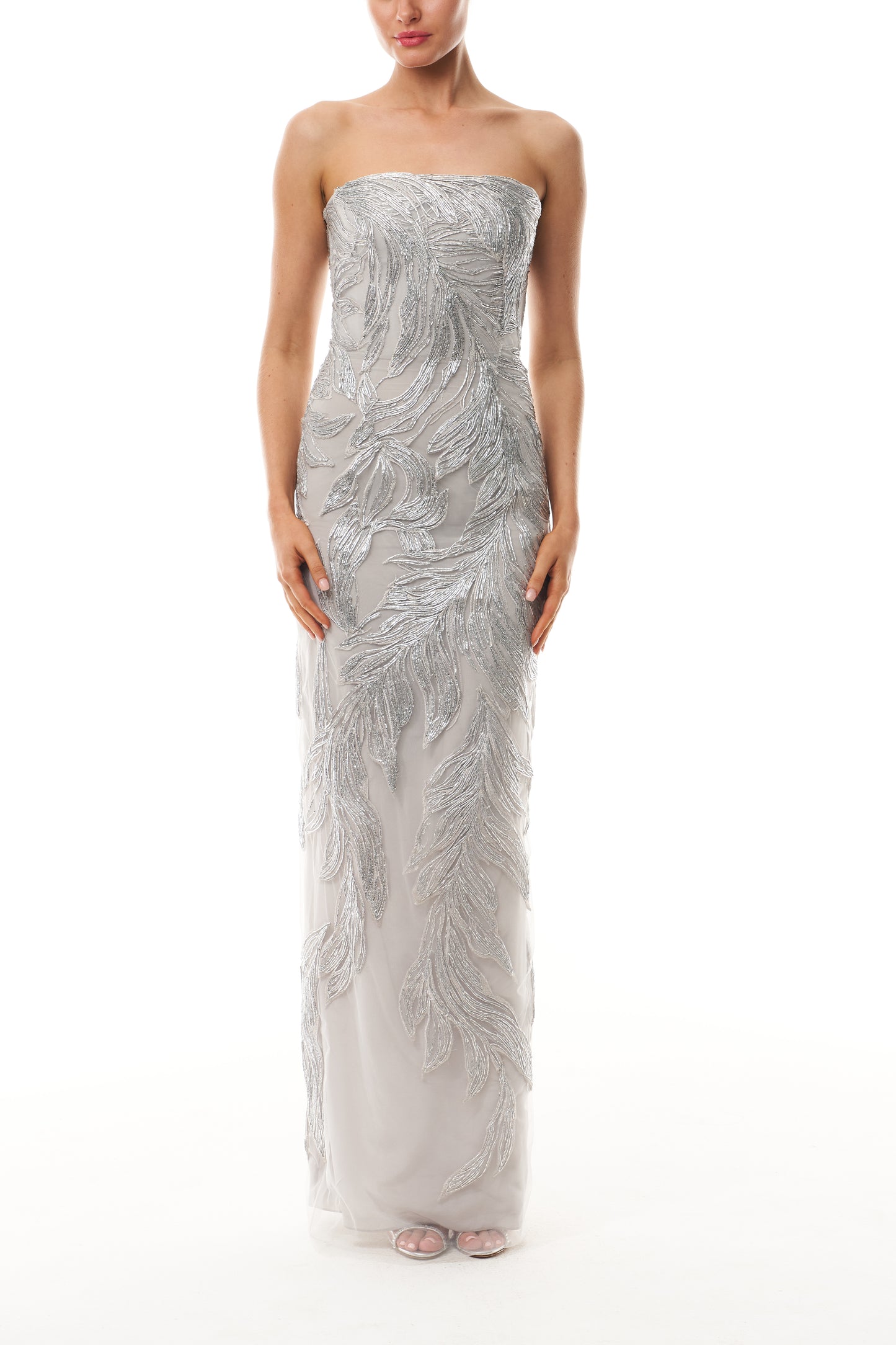 Monique Lhuillier Fall 2025 strapless column gown in silver feather embroidery - front.