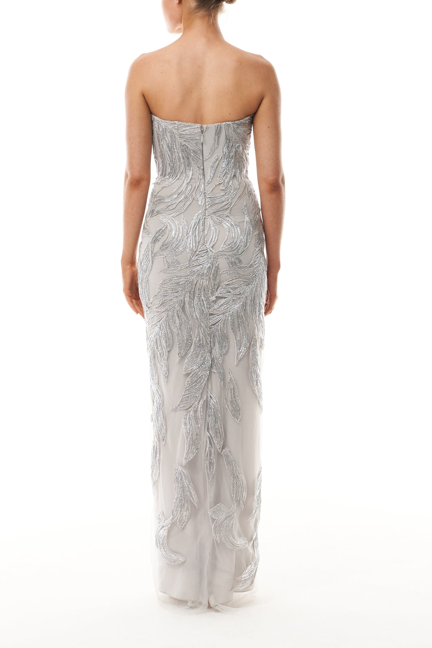 Monique Lhuillier Fall 2025 strapless column gown in silver feather embroidery - back.