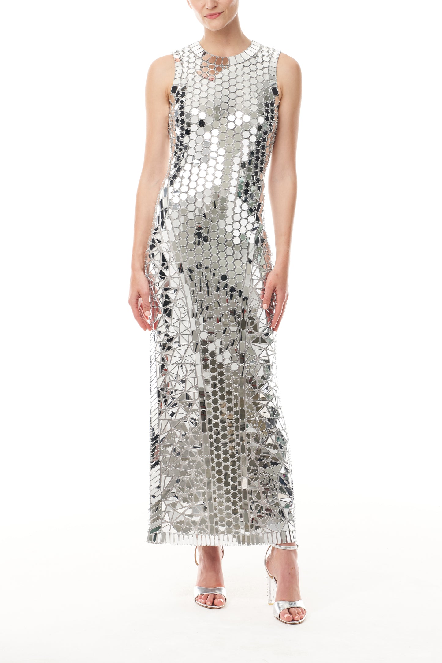 Monique Lhuillier Fall 2025 sleeveless, midi-length shift dress in silver mirrored embroidery - front.