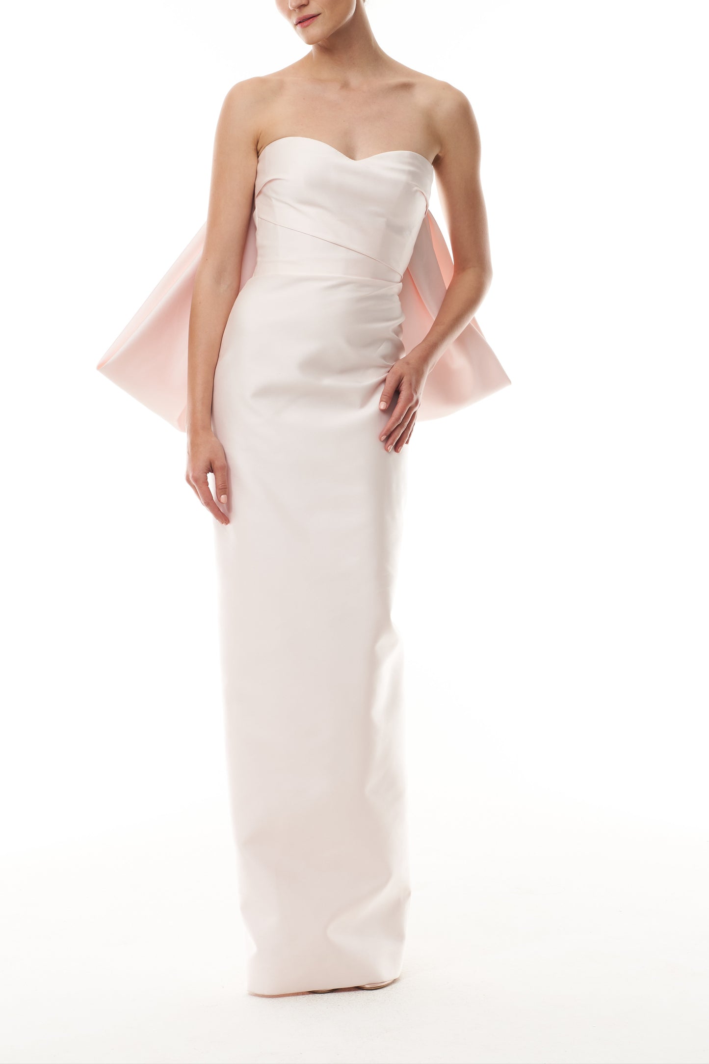 Monique Lhuillier Fall 2025 strapless column gown with sweetheart neckline and back bow draping - front.