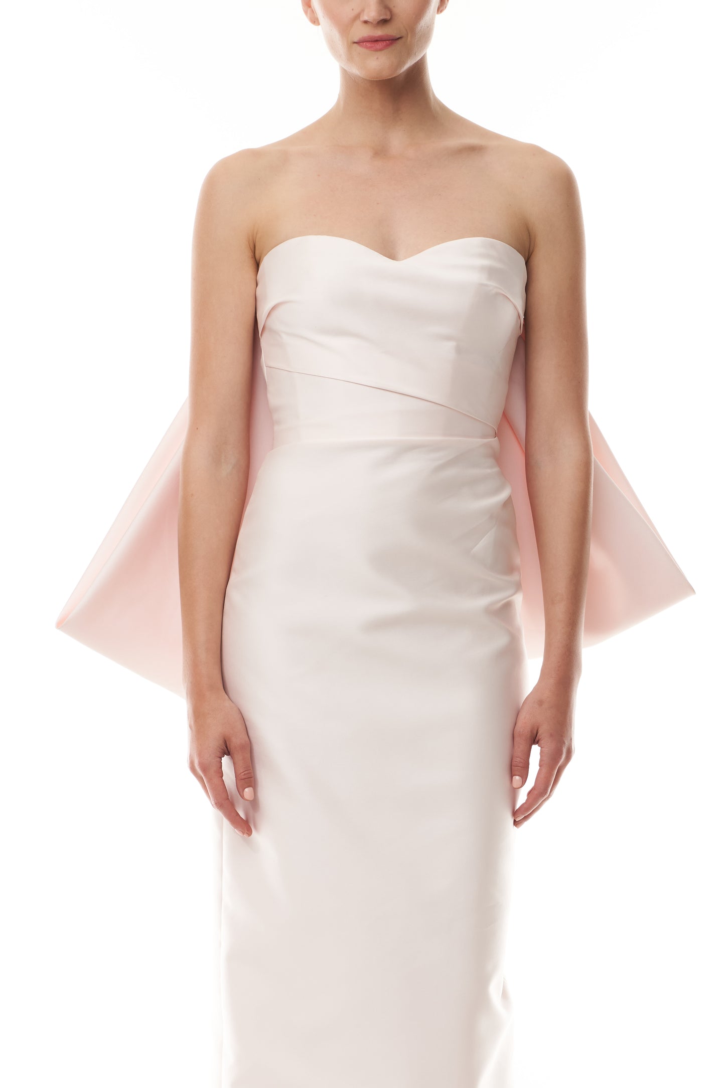 Monique Lhuillier Fall 2025 strapless column gown with sweetheart neckline and back bow draping - fabric.